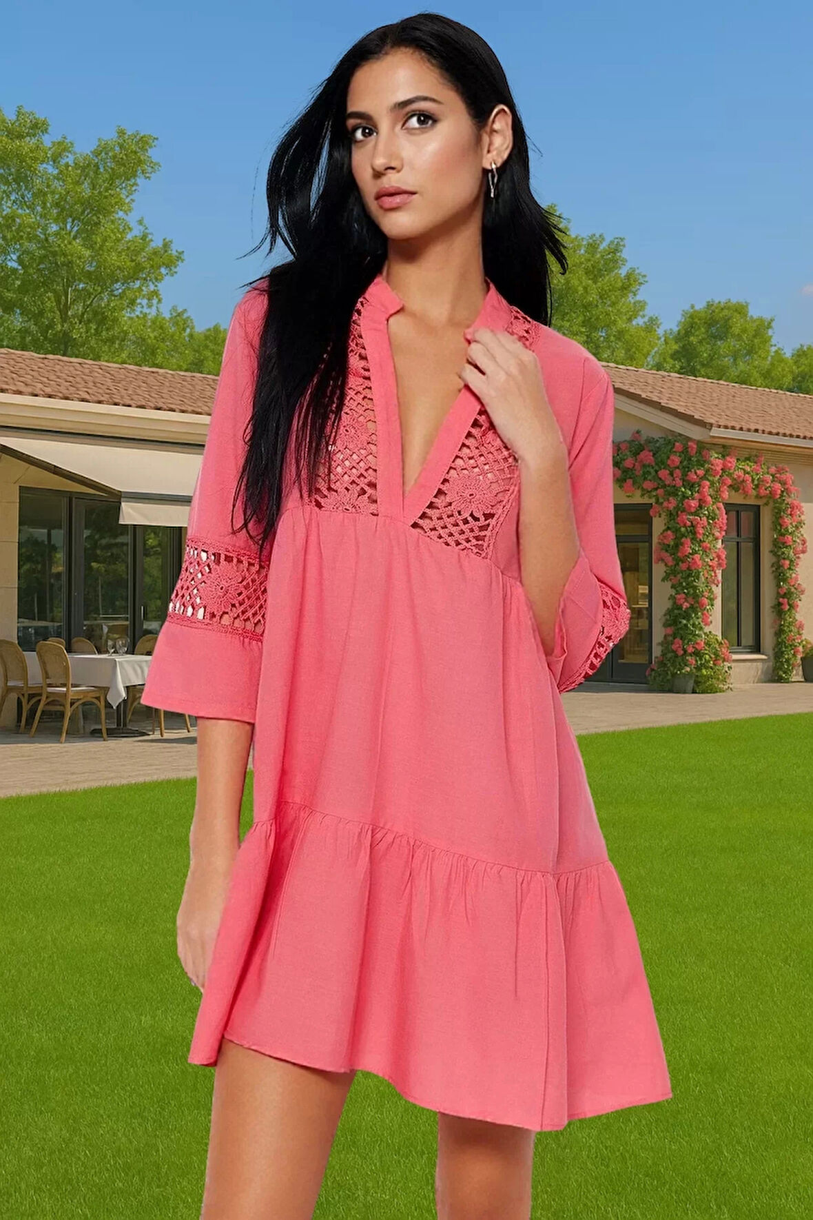 Pamuklu Dantelli V Yaka Mini Yazlık Plaj Elbisesi Kadın Zarifane Tasarım Modern Stil Yüksek Kalite