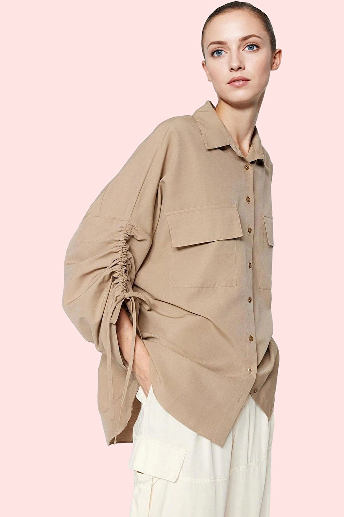 Kadın Günlük Gömlek Büzgülü Kollar Dokuma Kumaş Rahat Kalıp Tüm Sezonlar Dayanıklı Malzeme