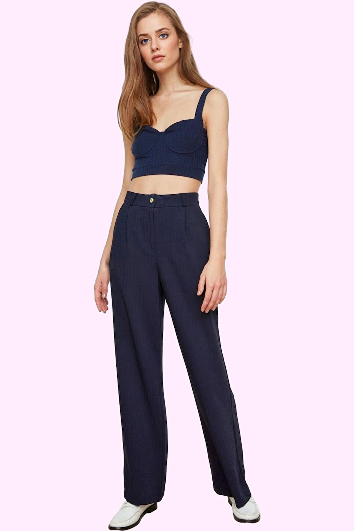 Kadın Wide Leg Pantolon Yüksek Bel Geniş Paça Krep Kumaş Koleksiyonu Günlük Kullanım