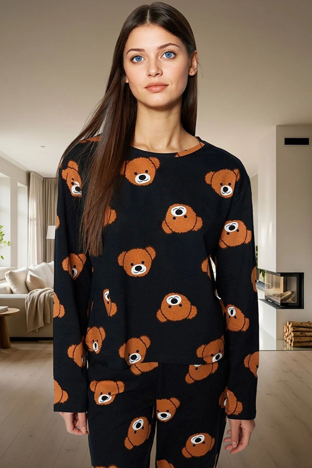 Ayıcıklı Desenli Pijama Takımı %100 Pamuk Regular Kalıp Boru Paça Seçkin Malzeme Rahat Ve Şık