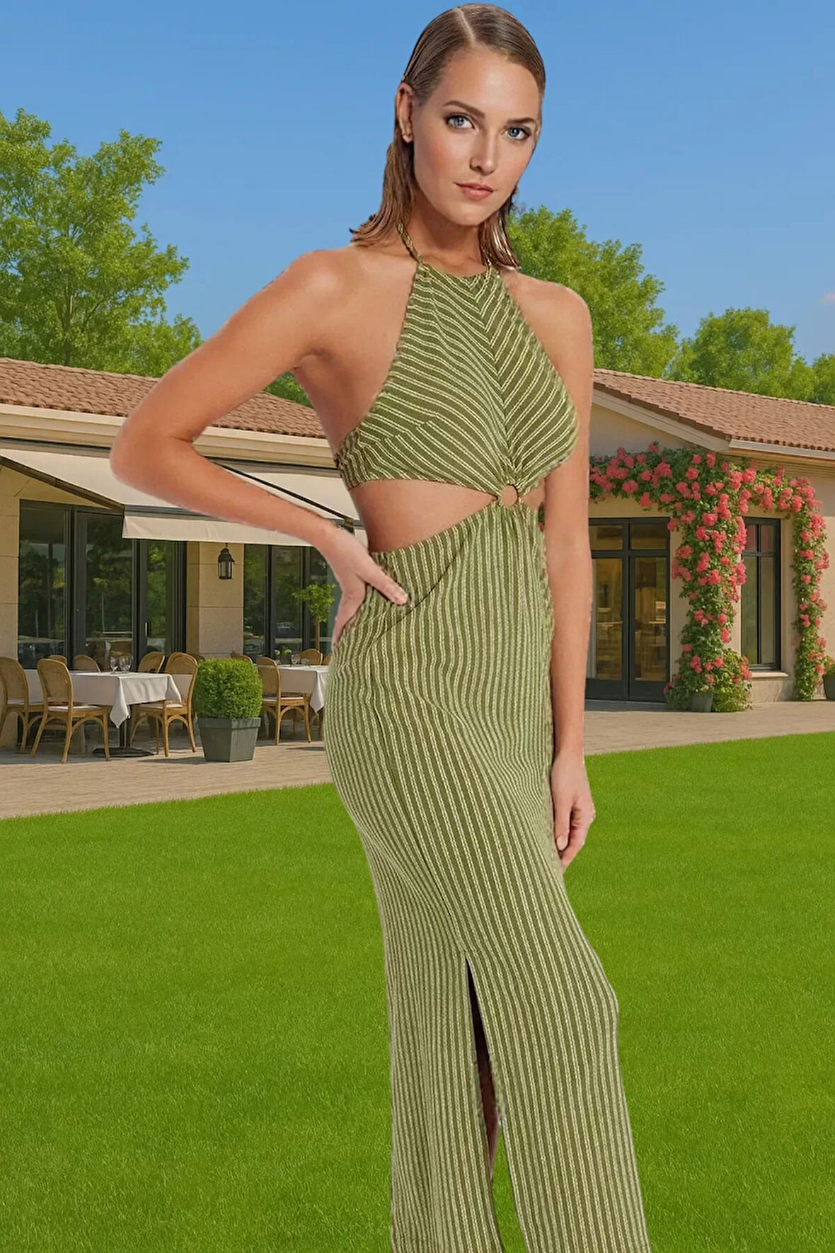 Rahat ve Şık Halter Yaka Maxi Elbise Polyester Karışımlı Yazlık Yüksek Kalite Premium Kalite