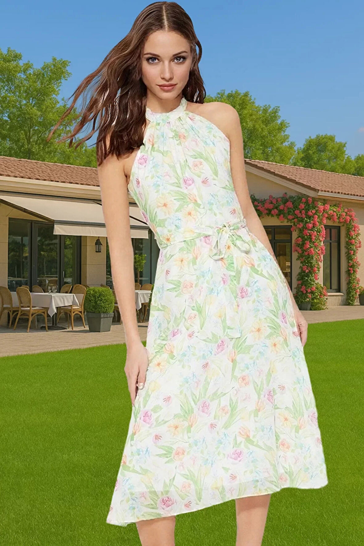 Yazlık Çiçekli A Kesim Bel Kuşaklı Midi Dokuma Elbise Modern Stil Özenle Seçilmiş Seçkin Malzeme