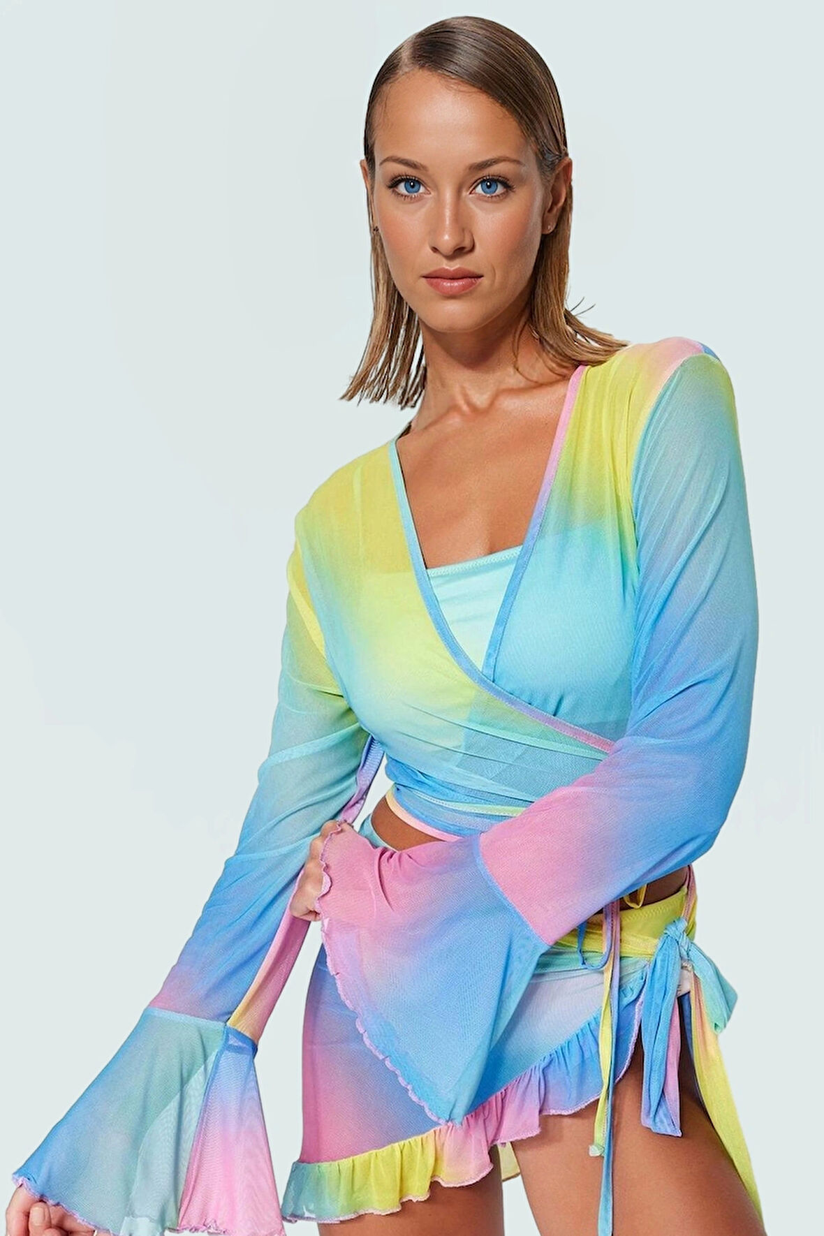 Plaj için Örme Mesh Bluz Etek Takım Degrade Desenli V Yaka Fitted Konforlu Kesim Modern Stil