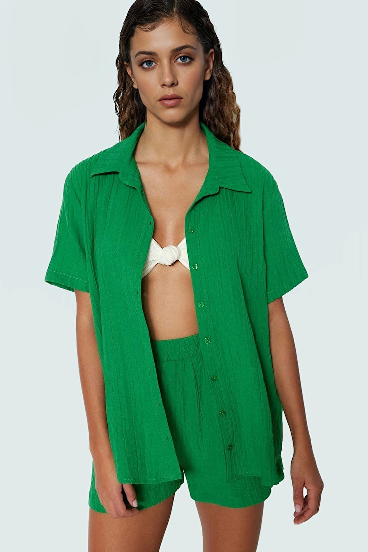 Plaj için İdeal Viskoz Polyester Gömlek Şort Takım Uzun Boy Fitted Kalıp Şık Görünüm