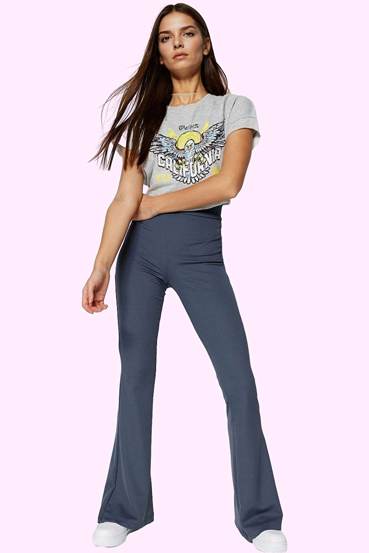 Kadın Esnek Örme Pantolon Yüksek Bel İspanyol Paça Flare Günlük Stil Yaz Aylarının Vazgeçilmezi