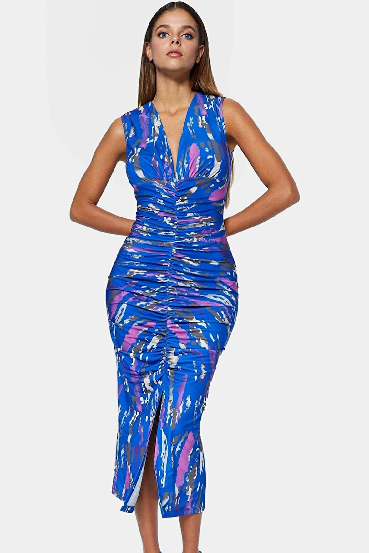 Midi Boy V Yaka Büzgü Detaylı Elbise Esnek Örme Kumaş Bodycon Kalıp 120 cm Uzunluk Premium Kalite