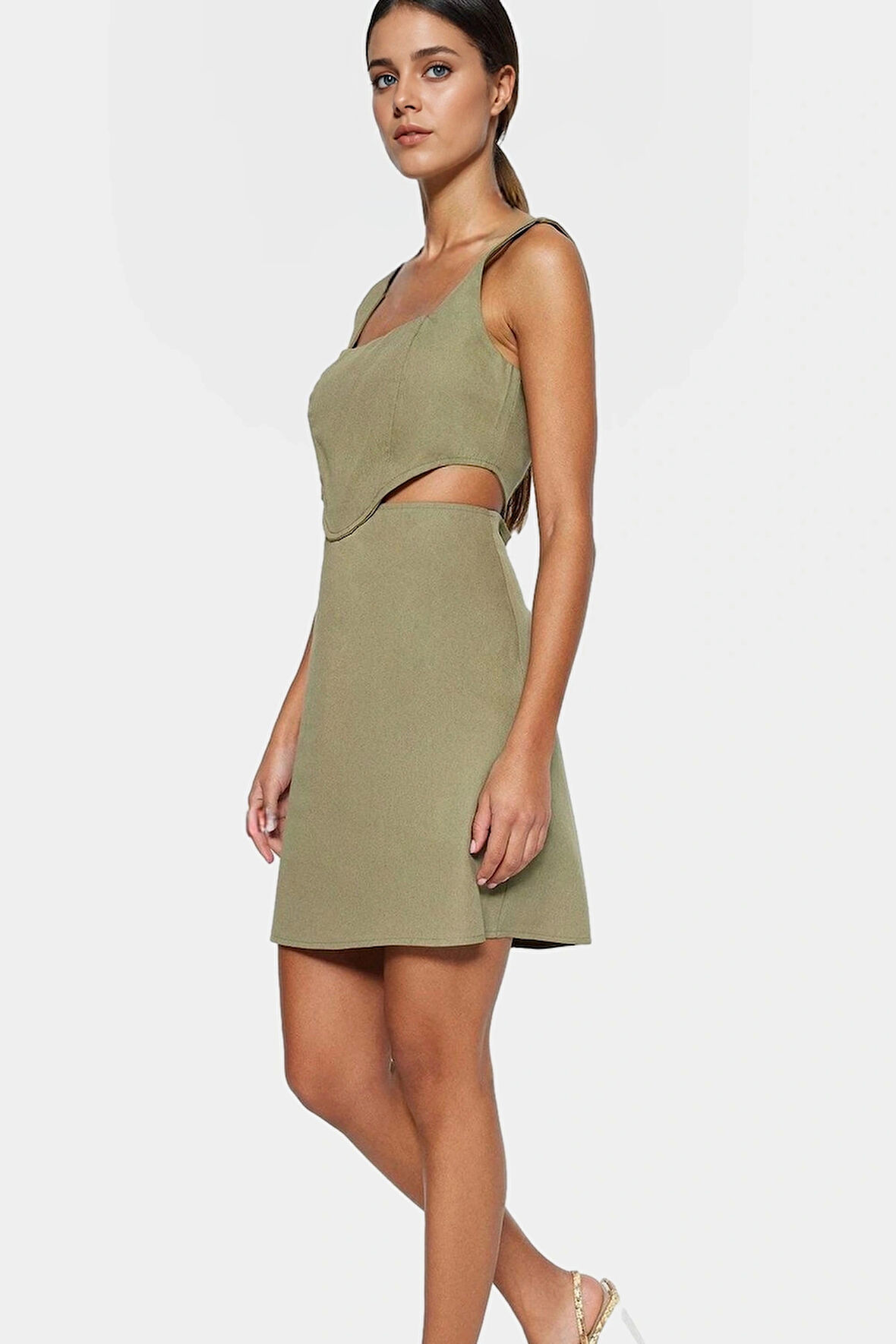 A Line Gabardin Mini Elbise Kolsuz Kare Yaka Cut Out Detay Pamuk Rahat Kullanım