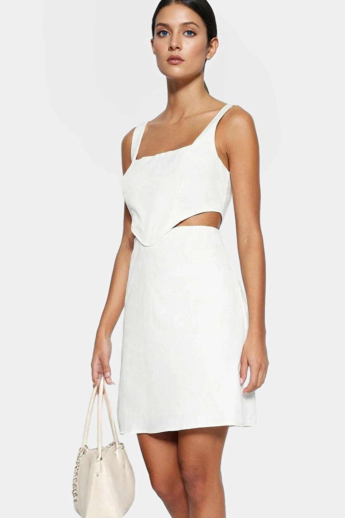 A Line Gabardin Mini Elbise Kolsuz Kare Yaka Cut Out Detay Pamuk Rahat Kullanım