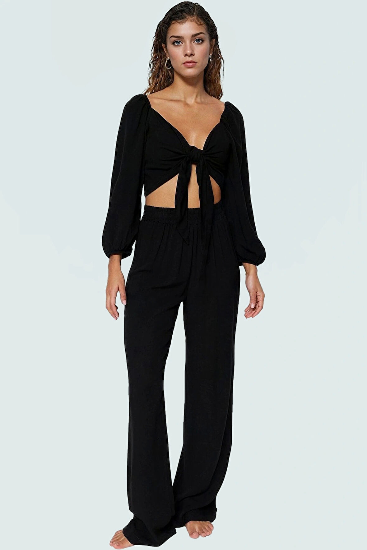 Yazlık Şıklık Shally Dokuma Bluz Pantolon Takım Rahat Kullanım Mükemmel Uyum