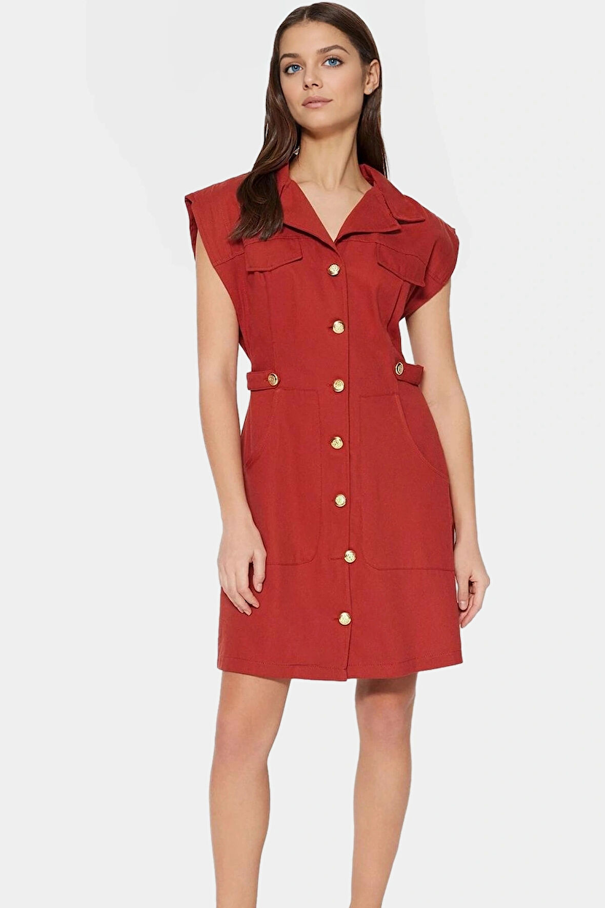 Şık Mini Elbise %Pamuk Gabardin Kumaş Ay Kol Düğmeli Premium Kalite Zarifane Tasarım