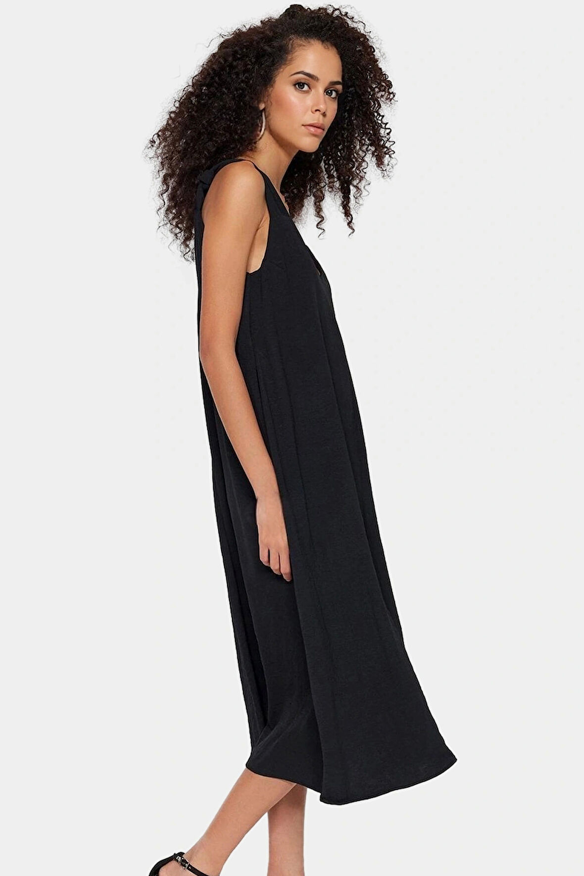 Polyester Aerobin Dokuma Midi Elbise V Yaka Shift Kalıp Modern Stil