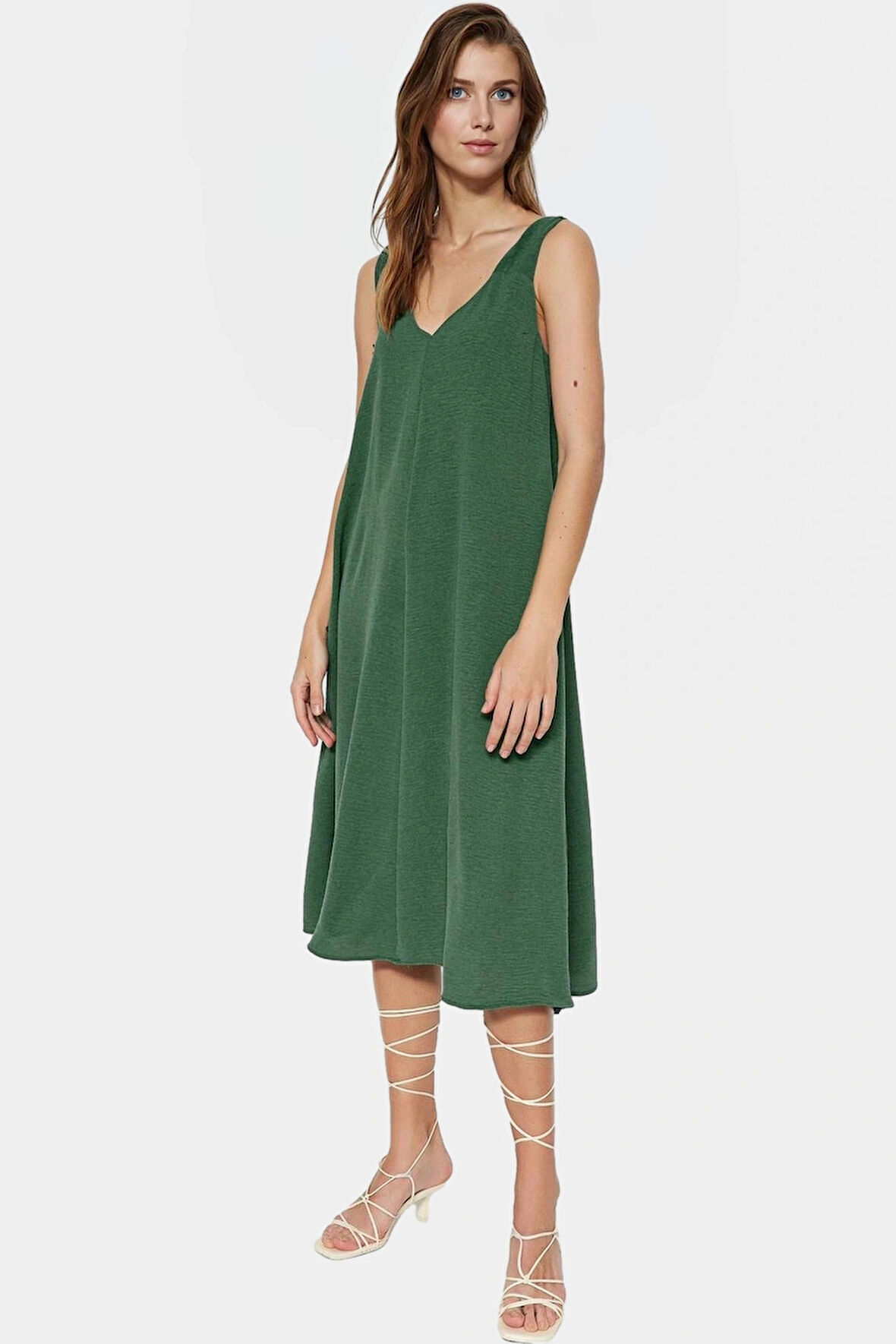 Polyester Aerobin Dokuma Midi Elbise V Yaka Shift Kalıp Modern Stil