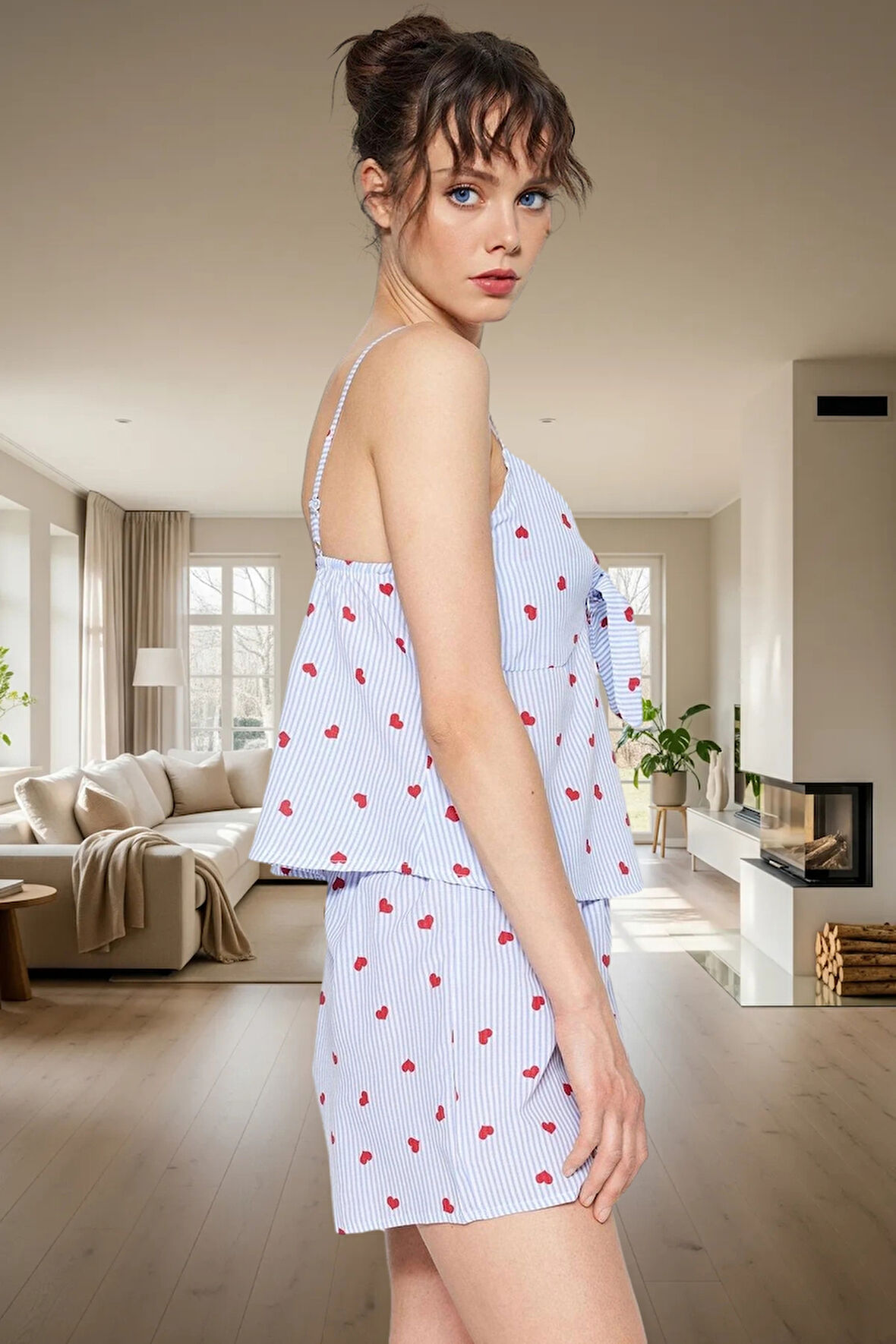 Şık V Yaka Bağlamalı Atlet Şort Pijama Takımı %100 Viskon Dokuma Kumaş Trend Tasarım Rahat Ve