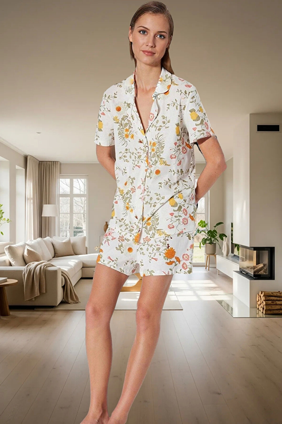 Örme Kumaş Çok Çiçek Desenli 2 Parça Pijama Takımı Yaz İçin Kaliteli İşçilik Trend Tasarım