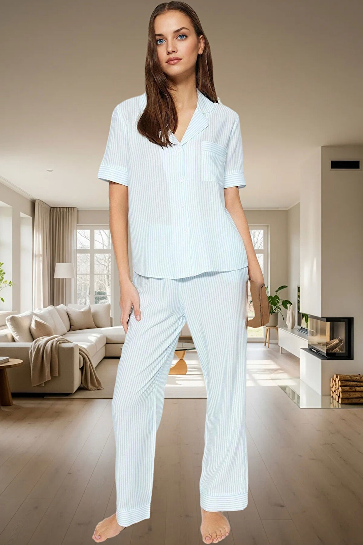 Shally Dokuma %100 Viskoz Pijama Takımı Çizgili Rahat ve Şık Konforlu Kesim Premium Kalite