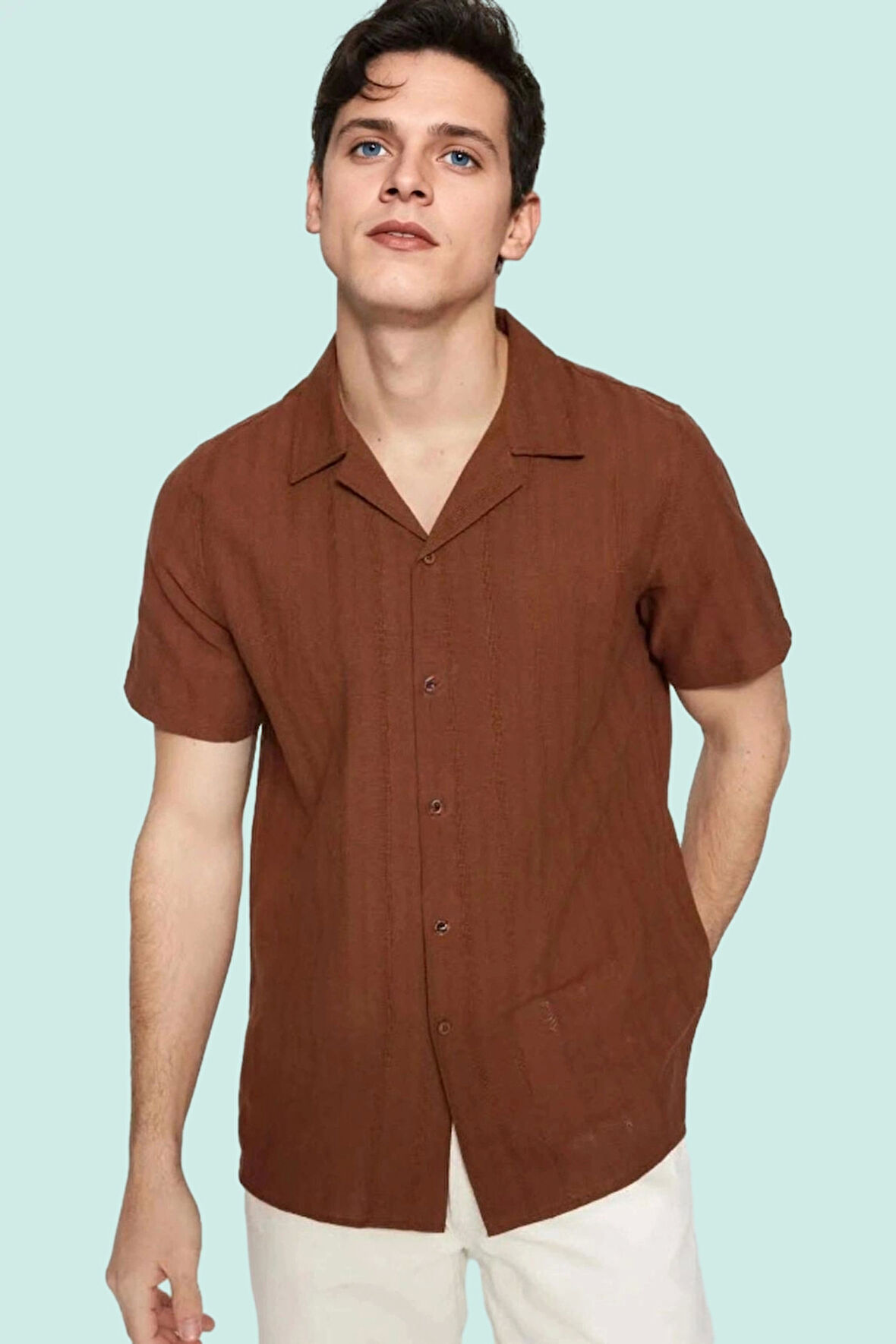 Erkek Dokuma Kisa Kollu Gömlek Basic Siluet Pamuk Yazlık Günlük Kullanım Dayanıklı Malzeme