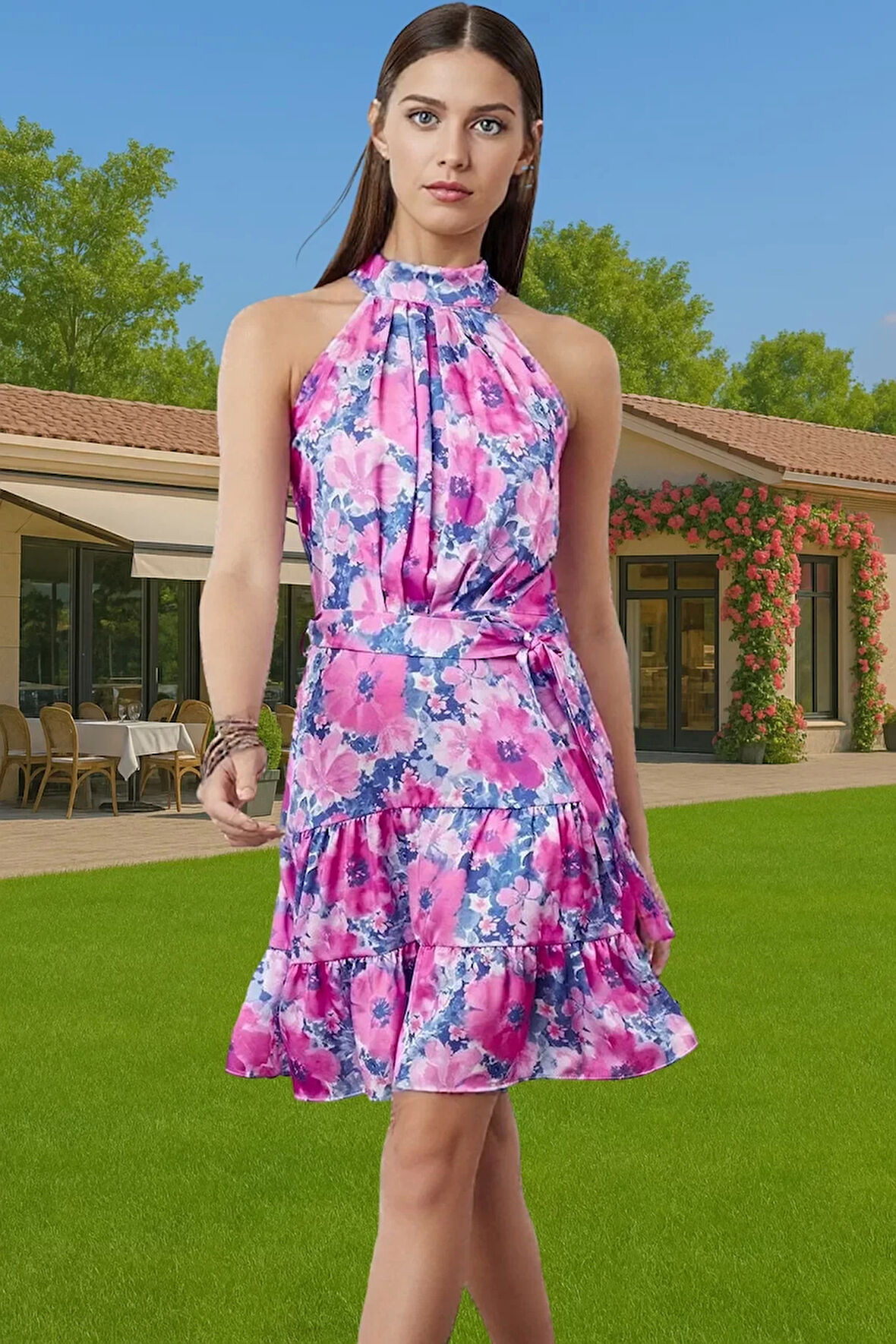 Kadın A Kesim Mini Elbise Saten Kumaş Çiçek Desenli Halter Yaka Mükemmel Uyum Şık Görünüm