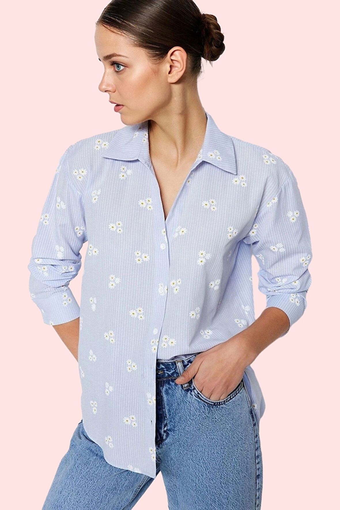 Kadın Oversize Regular Boy Dokuma Gömlek Pamuk Çiçekli Desenli Günlük Şıklık Modern Tasarım