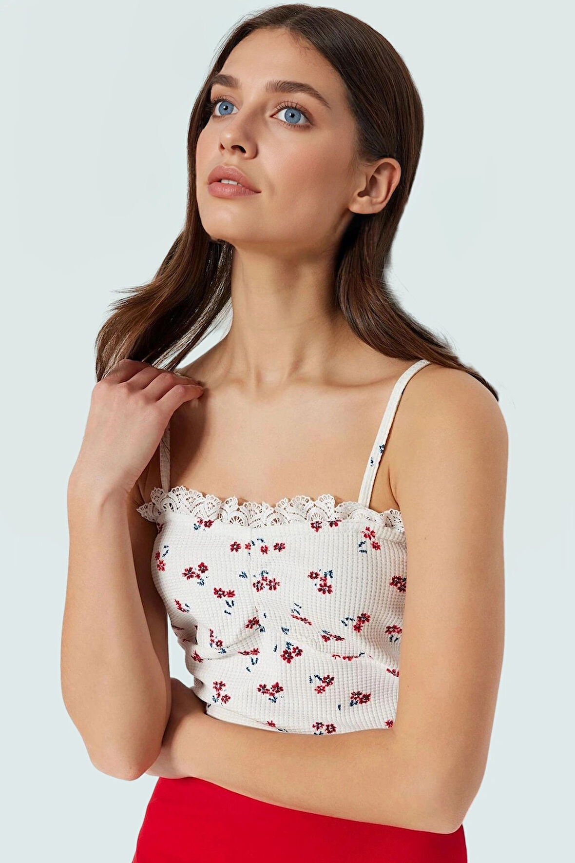 Yazlık Kadın Bluz Pamuklu Waffle Kumaş Çiçek Desenli Fitted Rahat Kullanım Profesyonel Görünüm