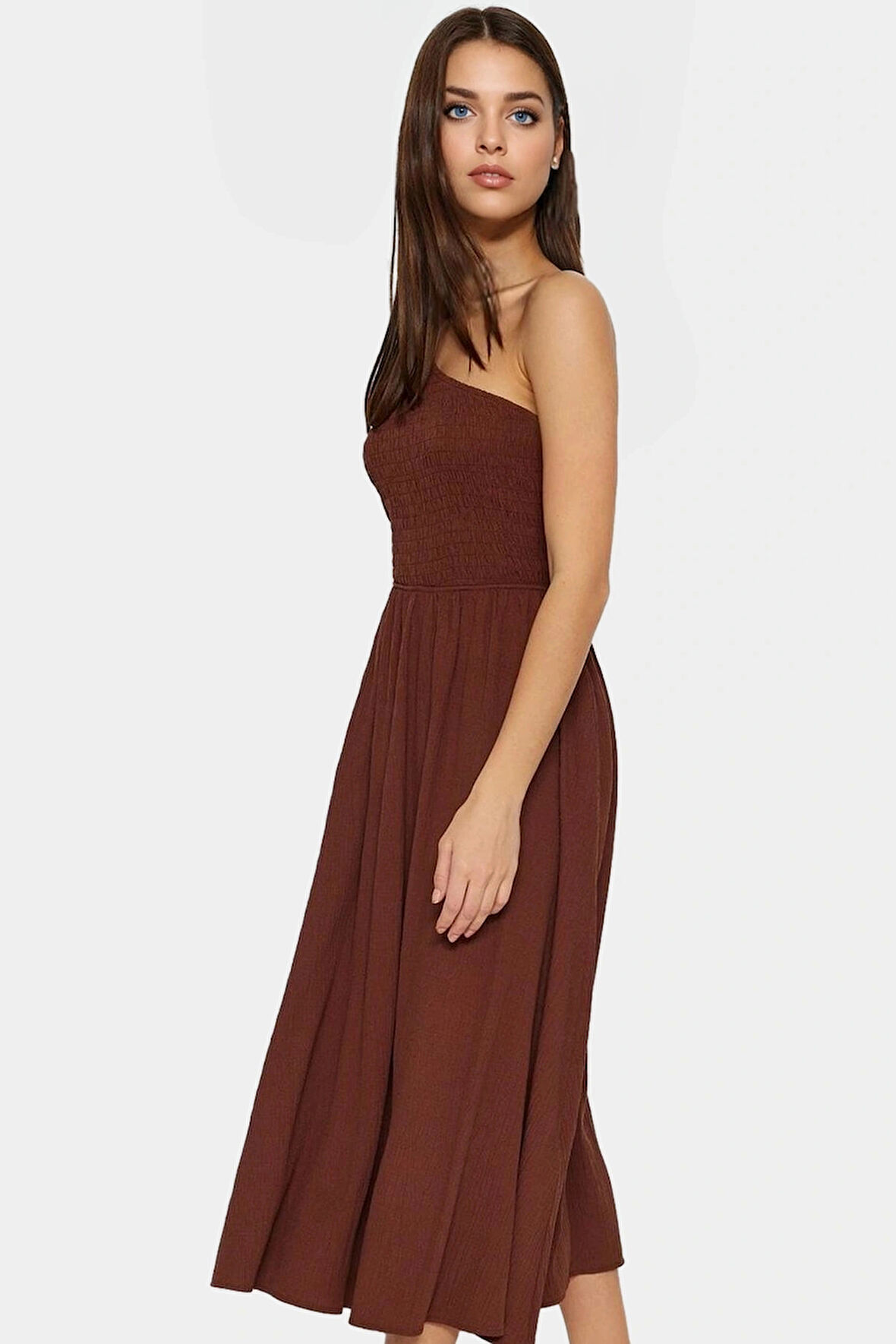 Şık ve Rahat Yazlık Midi Elbise Tek Omuz Polyester Kaliteli İşçilik Zarifane Tasarım