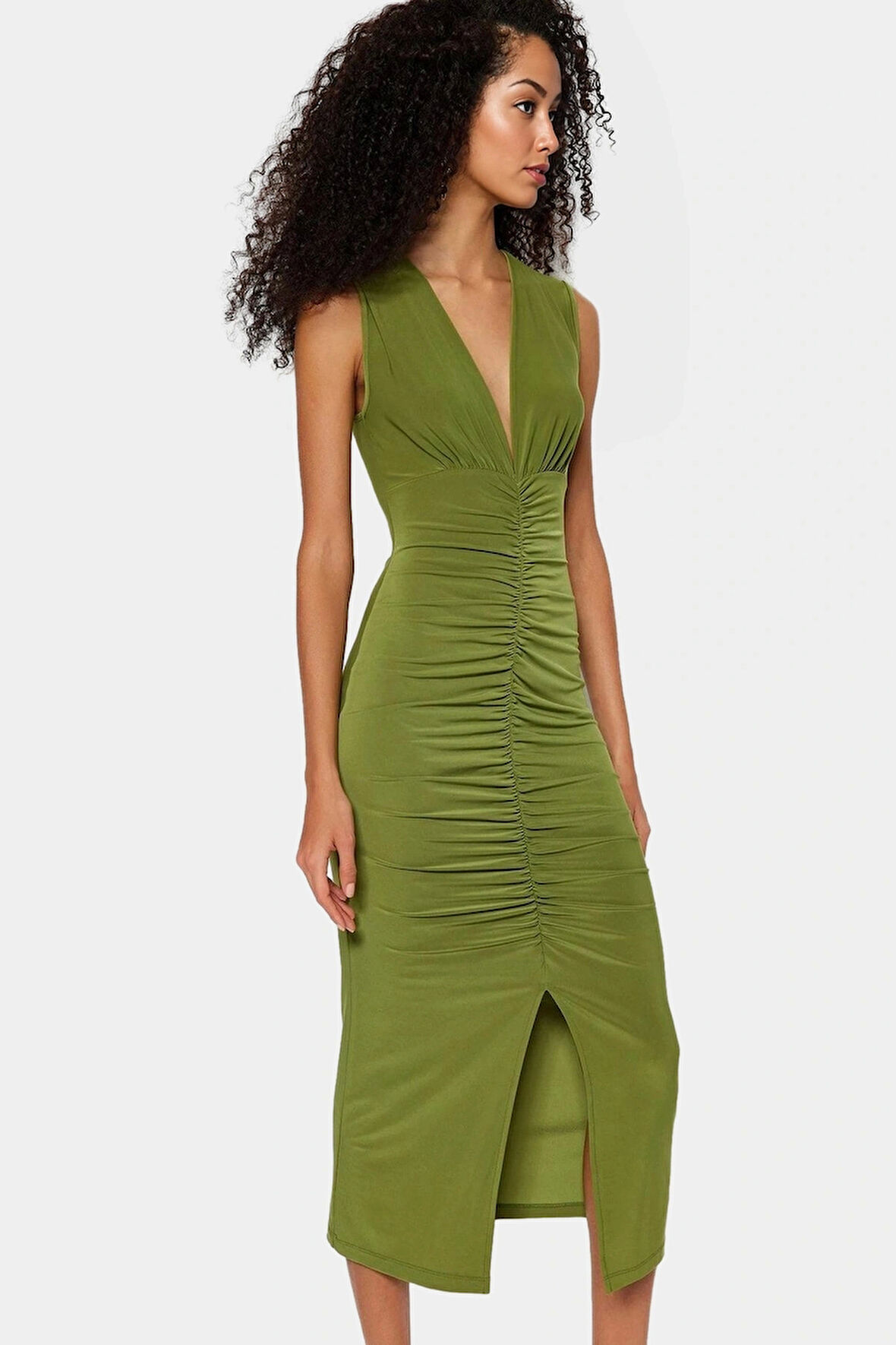 Midi Boy V Yaka Büzgü Detaylı Elbise Esnek Örme Kumaş Bodycon Kalıp 120 cm Uzunluk Premium Kalite