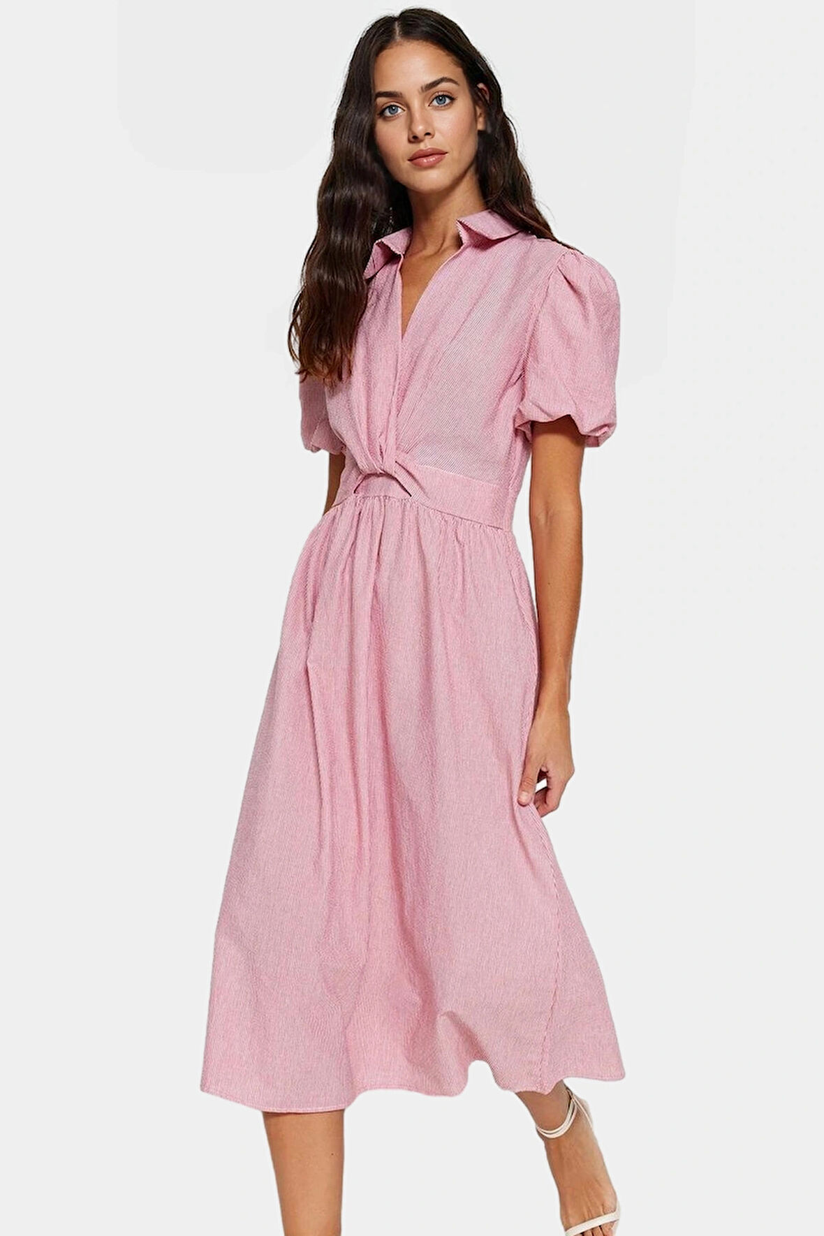 Yazlık Midi Elbise %Pamuk Dokuma Kısa Balon Kollu Çizgili Skater Gömlek Yaka Rahat Ve Şık