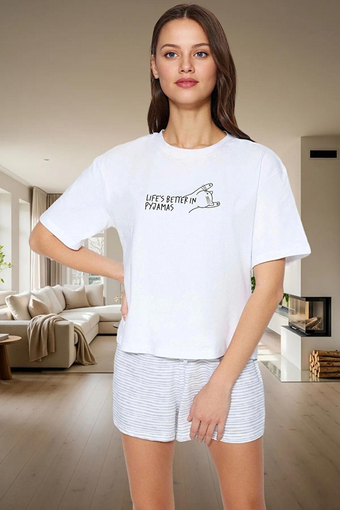 Pamuklu Şortlu Pijama Takımı Çizgili Desen Rahat Kalıp Yazlık Kullanım