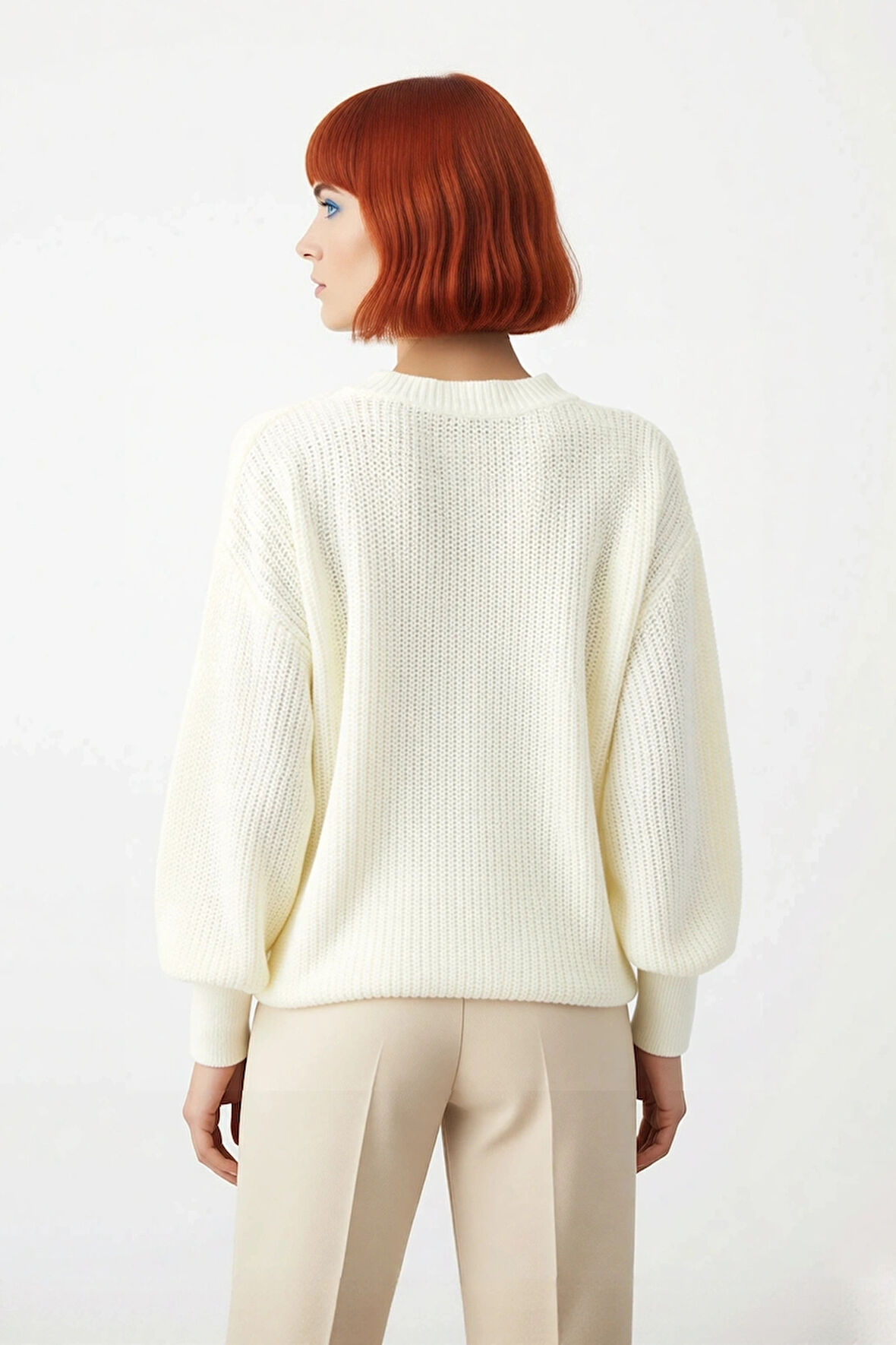 Kadın Salaş Oversize Balon Kol Bisiklet Yaka Selanik Dokuma Uzun Kollu Triko Kazak 100% Akrilik