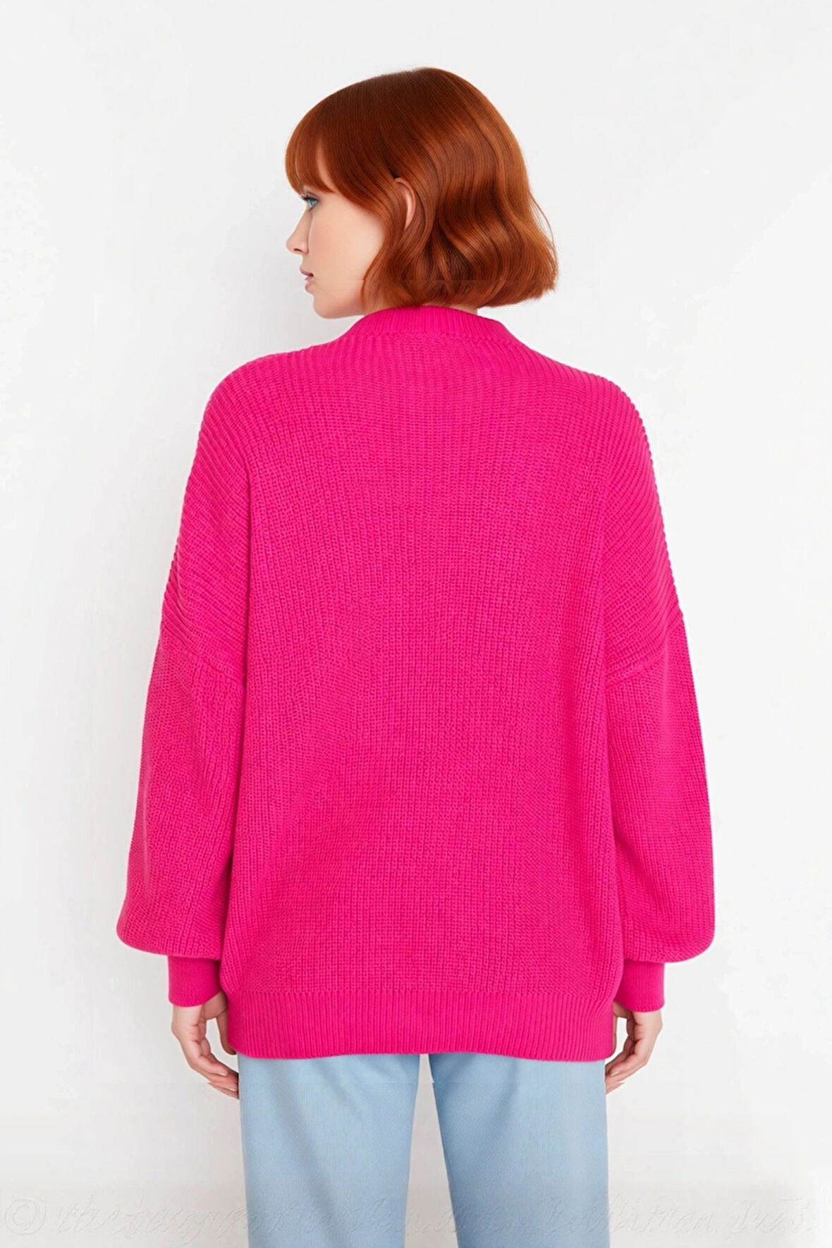 Kadın Salaş Oversize Balon Kol Bisiklet Yaka Selanik Dokuma Uzun Kollu Triko Kazak 100% Akrilik