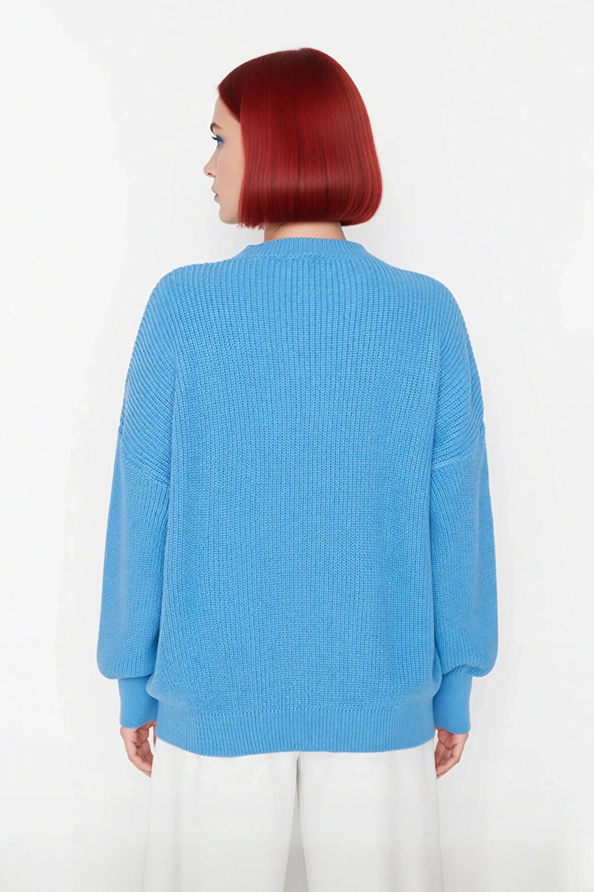 Kadın Salaş Oversize Balon Kol Bisiklet Yaka Selanik Dokuma Uzun Kollu Triko Kazak 100% Akrilik