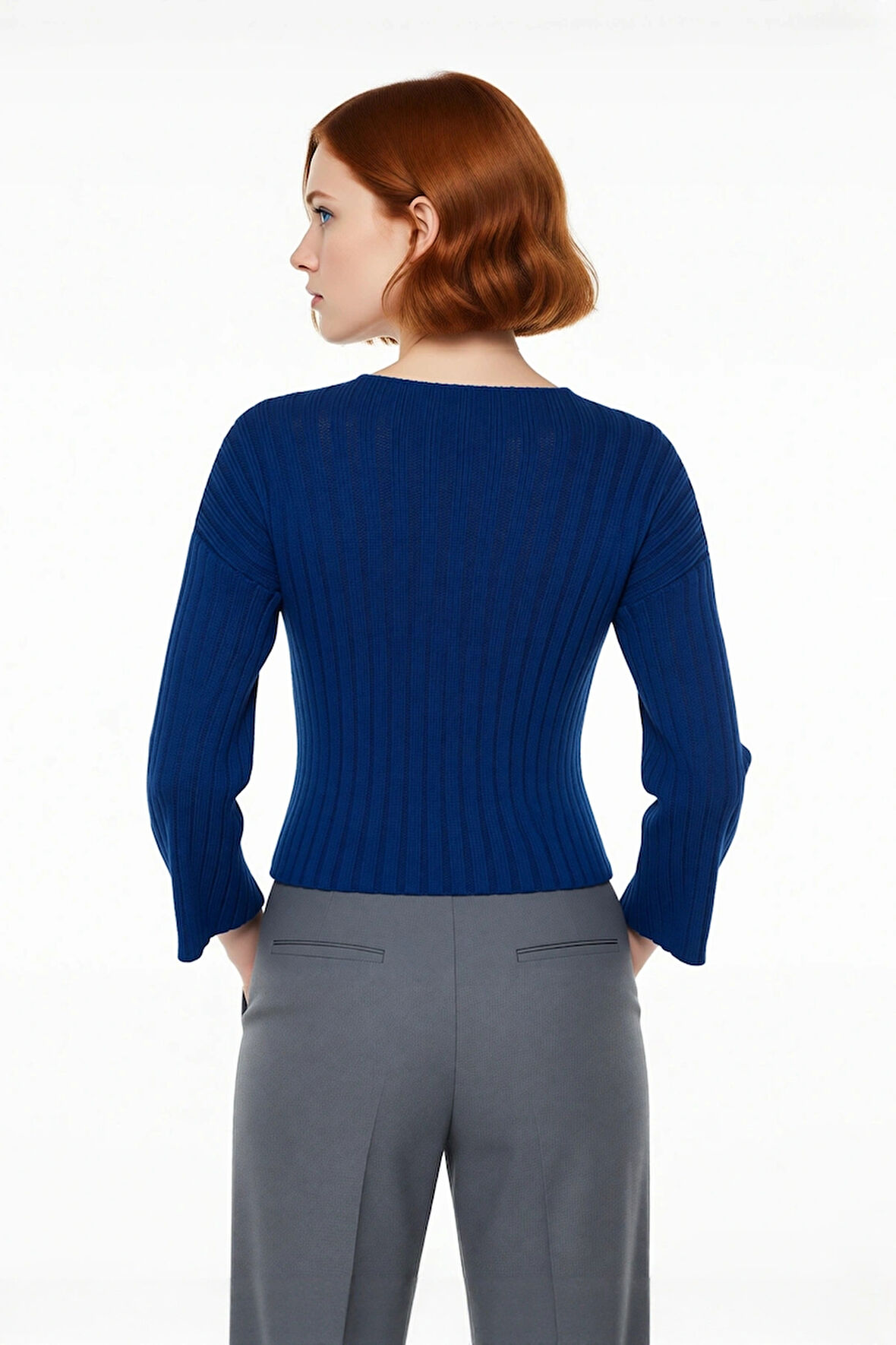 Kadın Basic V Yaka Geniş Kalıp Uzun Kollu Yünlü Triko Kazak Fitilli Dokusuyla Gün Boyu Konfor Sunar