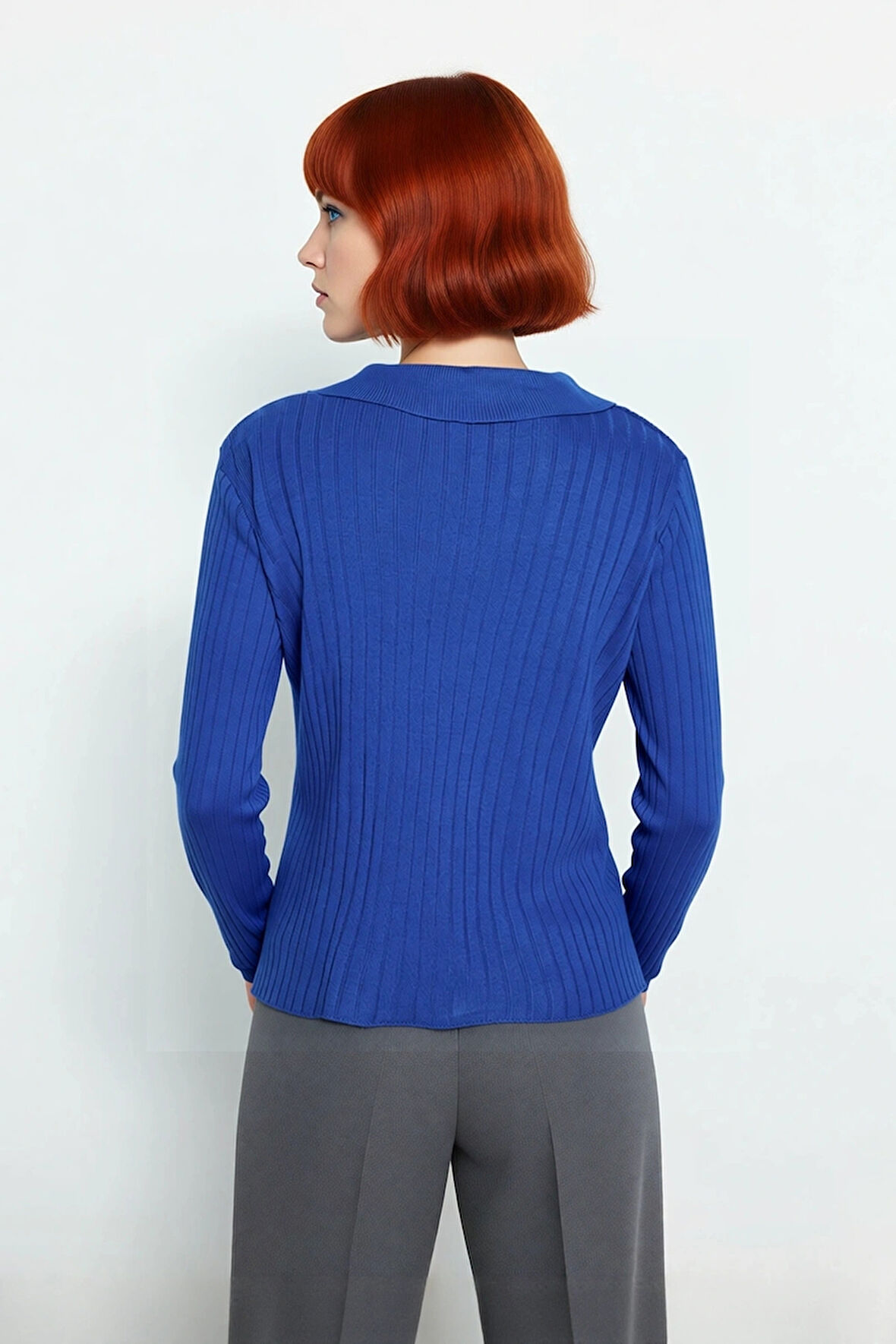 Kadınlar İçin Uzun Kollu Regular Fitilli Triko Kazak Polo Yaka Detaylı Kışlık Şık Görünüm Kaliteli