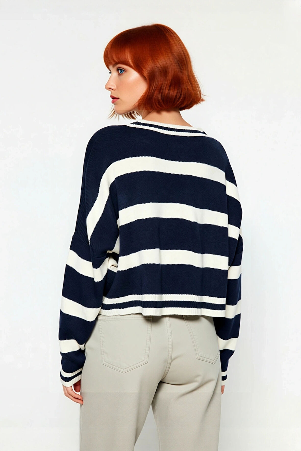 Kadın Uzun Kollu Bisiklet Yaka Çizgili Crop Triko Kazak Casual Tarz Gündelik Kombin Kaliteli