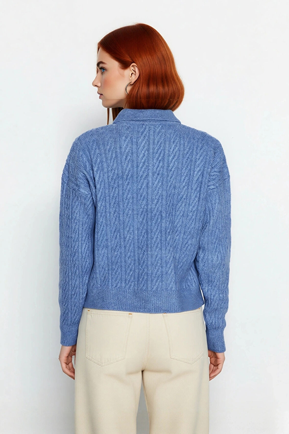 Kadın Kışlık Oversize Polo Yaka Saç Örgü Triko Kazak Düşük Uzun Kollu Basic Rahat Tasarım Kaliteli