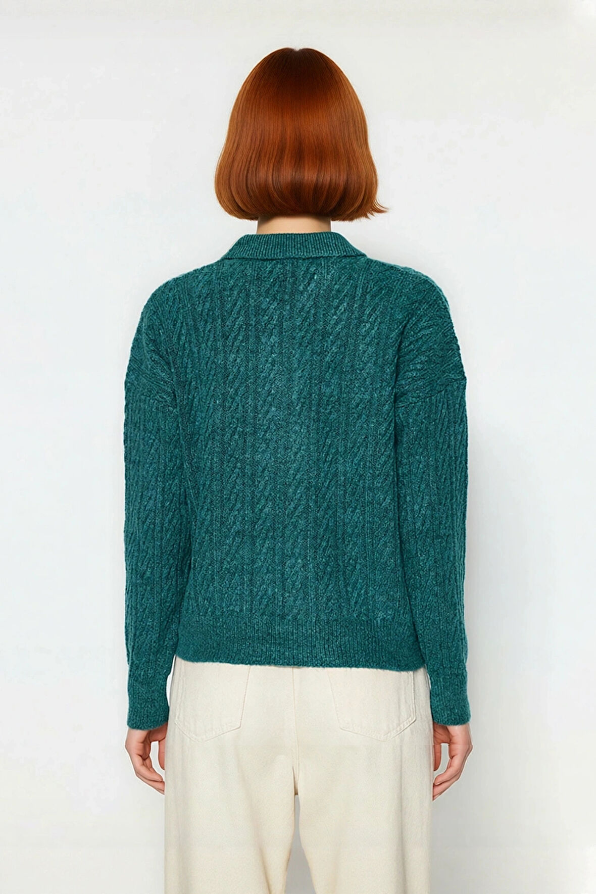 Kadın Kışlık Oversize Polo Yaka Saç Örgü Triko Kazak Düşük Uzun Kollu Basic Rahat Tasarım Kaliteli