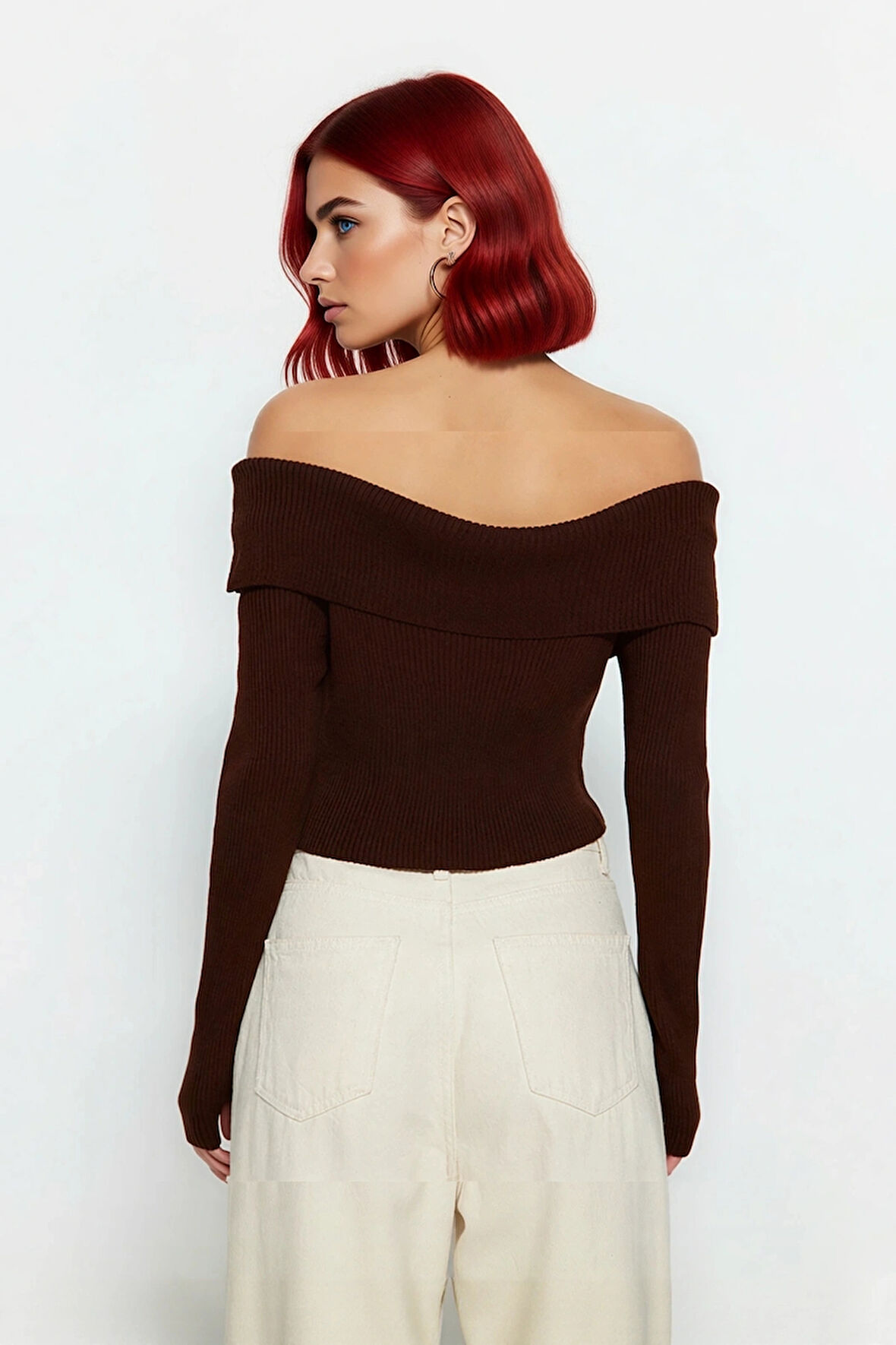 Kadınlara Özel Basic Siluet Fitted Triko Kazak Crop Boy Carmen Yaka Şık Seçim Kaliteli