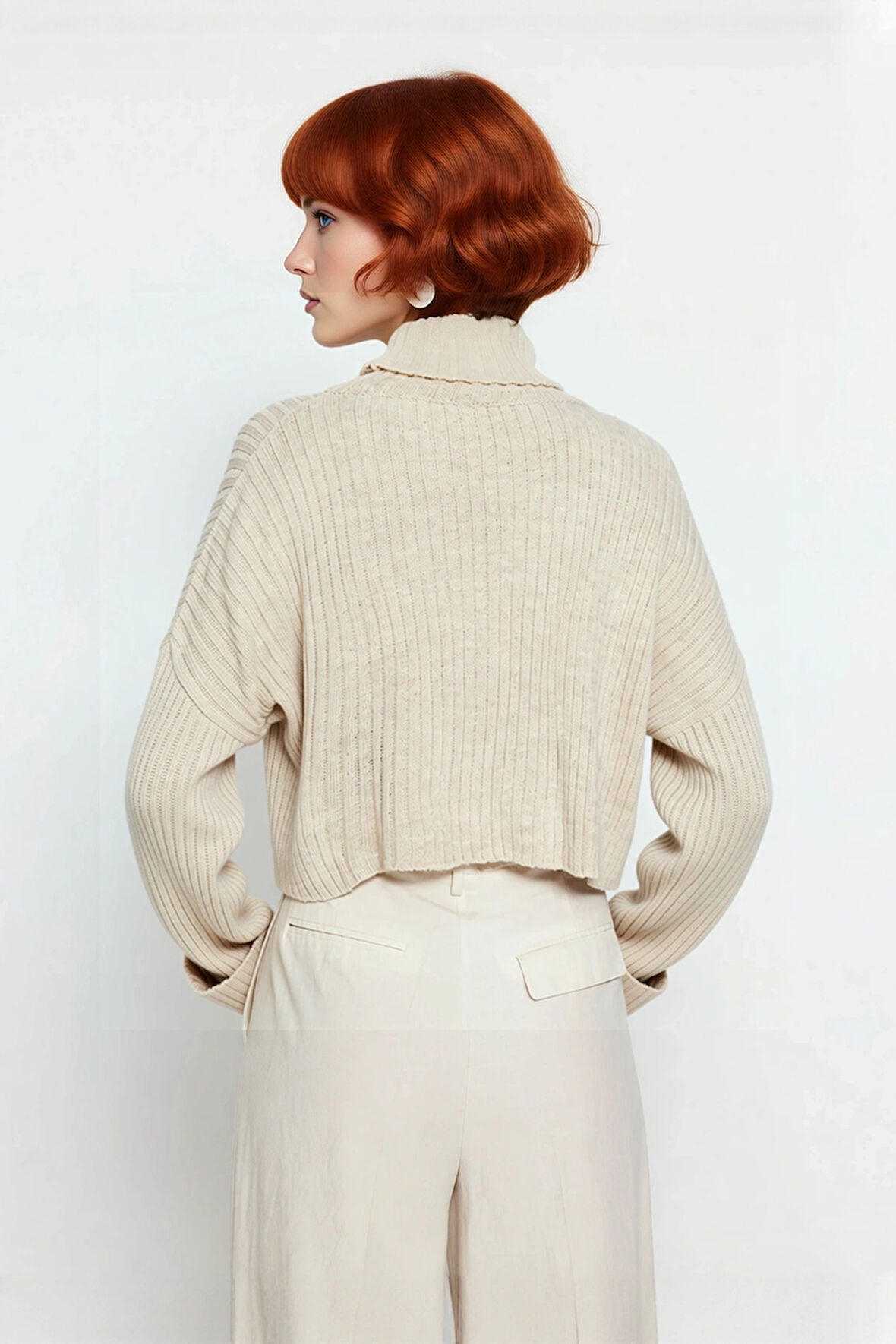 Kadın Oversize Super Crop Balıkçı Yaka Akrilik Triko Kazak Kışlık Günlük Stilinize Yenilik