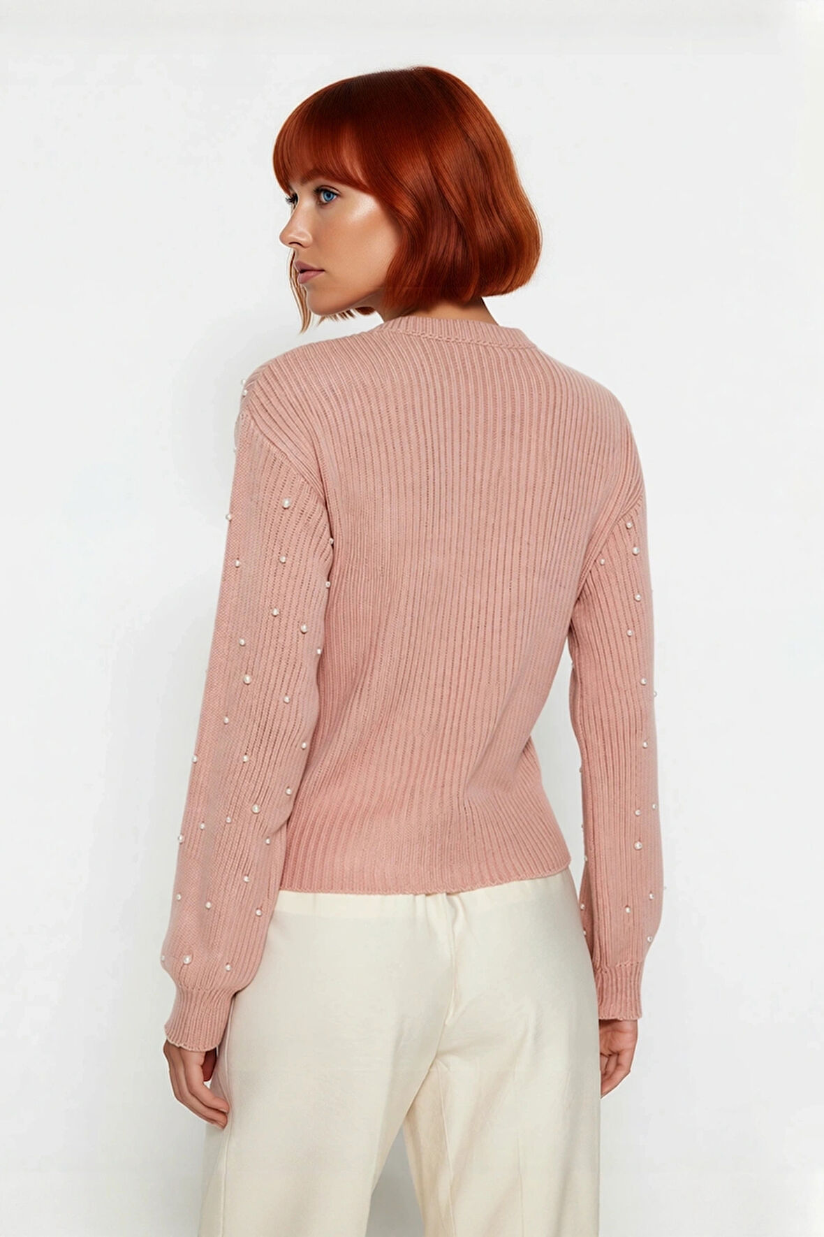 Kadın Basic Siluet İnci Detaylı Bisiklet Yaka Triko Kazak Düşük Kol Rahat Giyim Stili Kaliteli