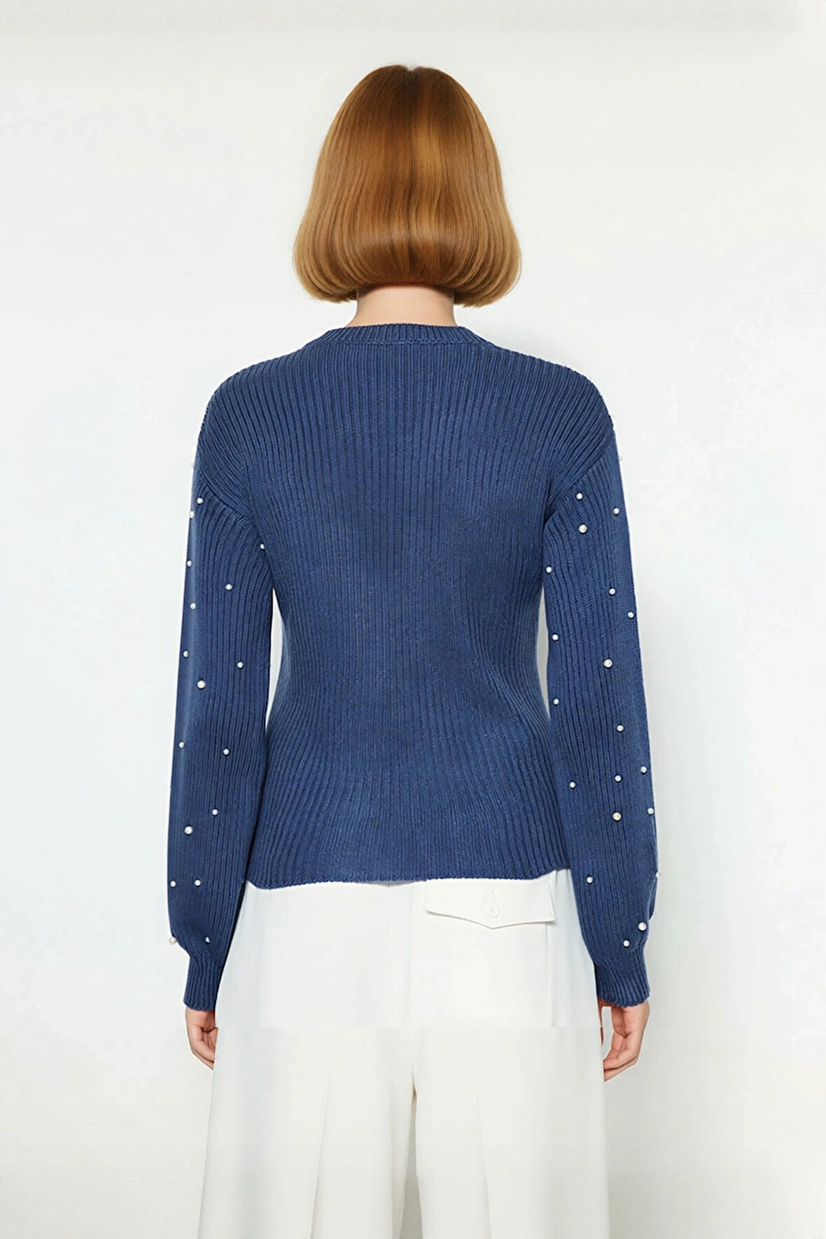 Kadın Basic Siluet İnci Detaylı Bisiklet Yaka Triko Kazak Düşük Kol Rahat Giyim Stili Kaliteli