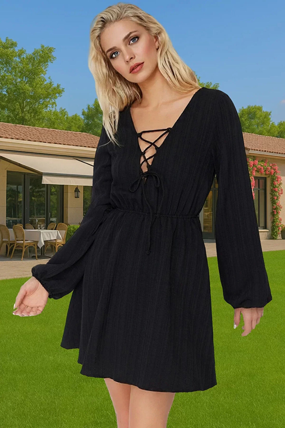 V Yaka Bağlamalı Dokuma Mini Elbise Keten Karışımlı Plaj Modası Rahat Ve Şık Rahat Kullanım