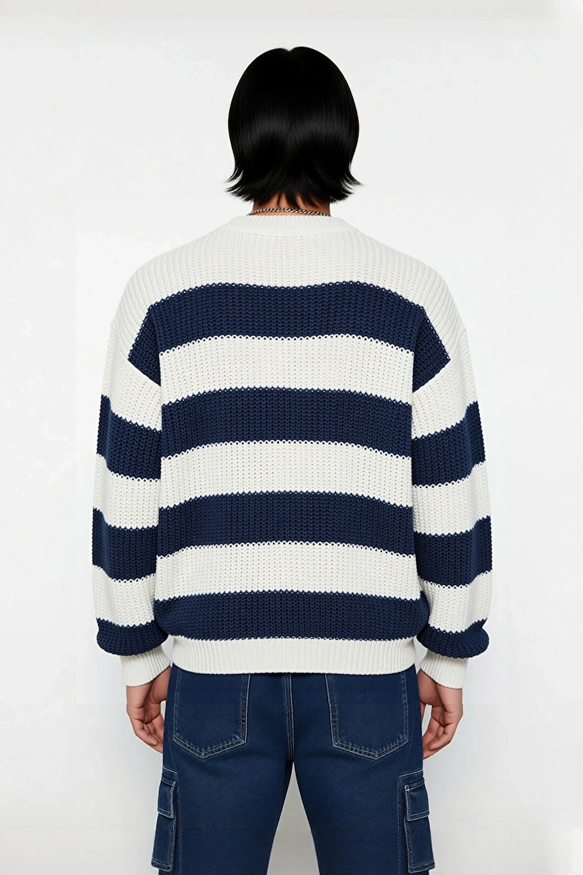 Erkek Günlük Kullanım İçin Şık Çizgili Bisiklet Yaka Akrilik Uzun Kollu Oversize Triko Kazak