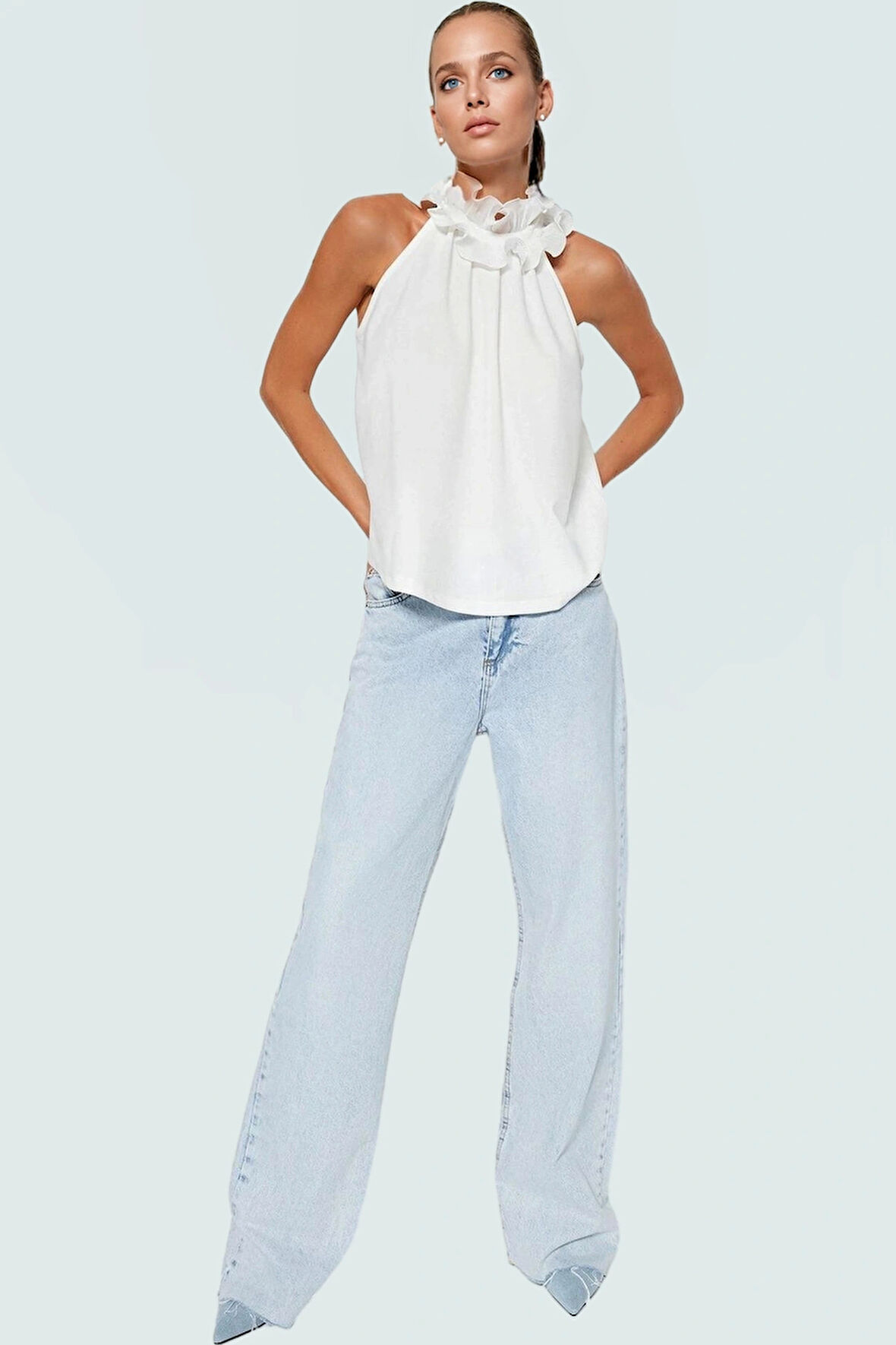 Şık Halter Yaka Bluz Scuba Krep Örme Kumaş Yazlık Konforlu Kesim Zarifane Tasarım