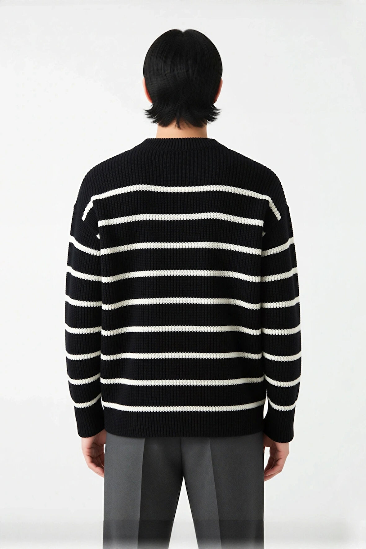 Casual Erkek Kalın Triko Dokulu Bisiklet Yaka Çizgili Oversize Selanik Kışlık Kazak Modeli