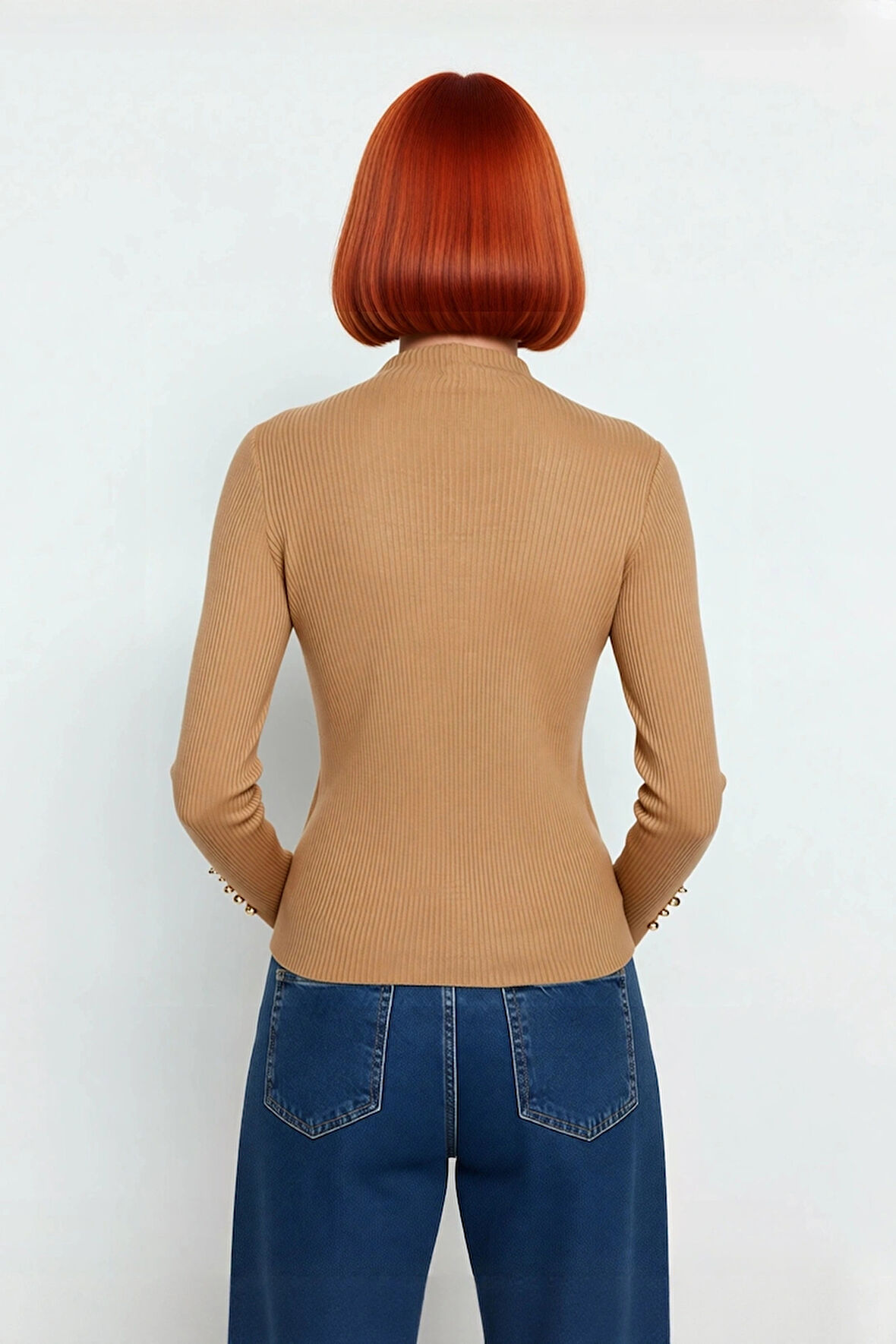 Kadın Modern Fitted Kalıp Dik Yaka Uzun Kollu Fitilli Triko Kazak Şık ve Rahat Kombinler Kaliteli