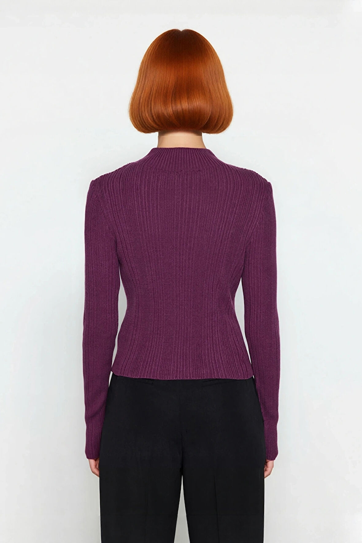 Kadın Uzun Kollu Dik Yaka Fitilli Triko Kazak Fitted Kesim Casual Giyim İçin İdeal Basic Model