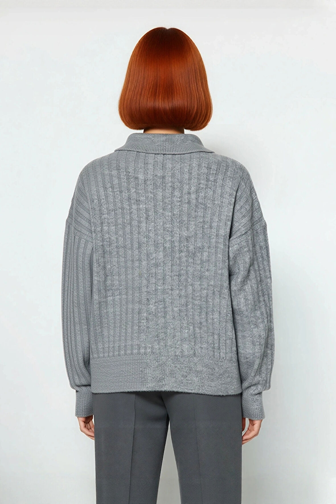 Modern Kadın Oversize Polo Yaka Triko Kazak Rahat Düşük Kol Fitilli Dokusuyla Kış Gardırobunuzun