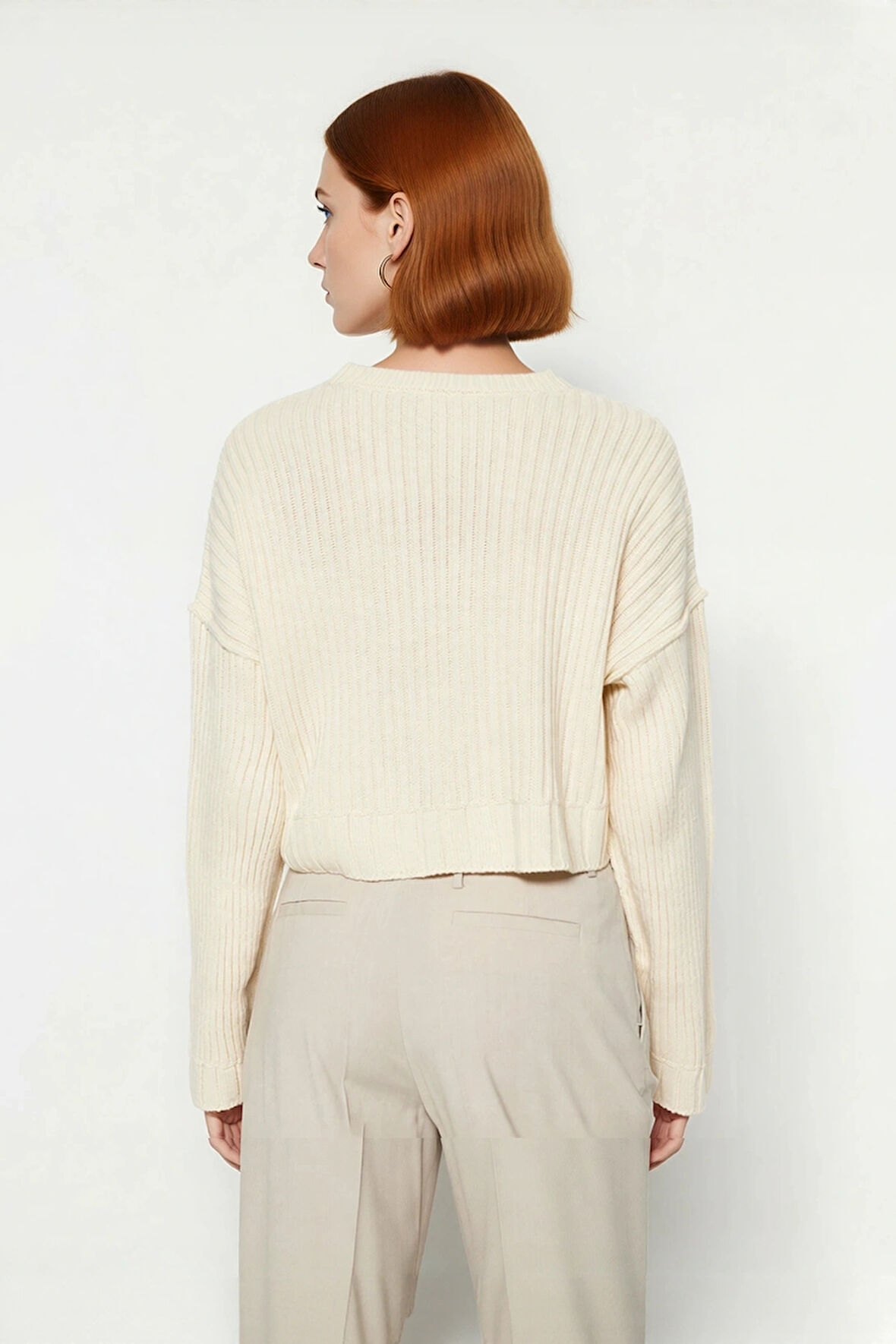 Modern Kadın Basic Oversize Crop Triko Kazak Fitilli Uzun Kollu Bisiklet Yaka İlkbahar Sonbahar