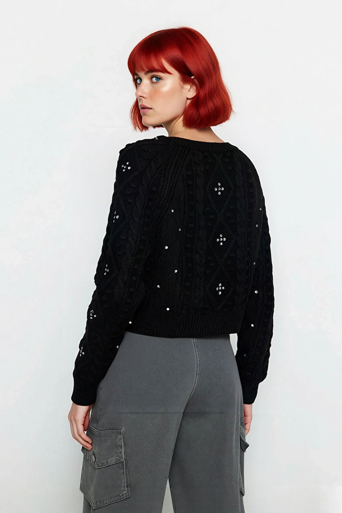 Kadın Regular Kalıp Çift Yüzlü Akrilik Triko Hırka Saç Örgü Desenli Kışlık Giyim Tarzı Kaliteli