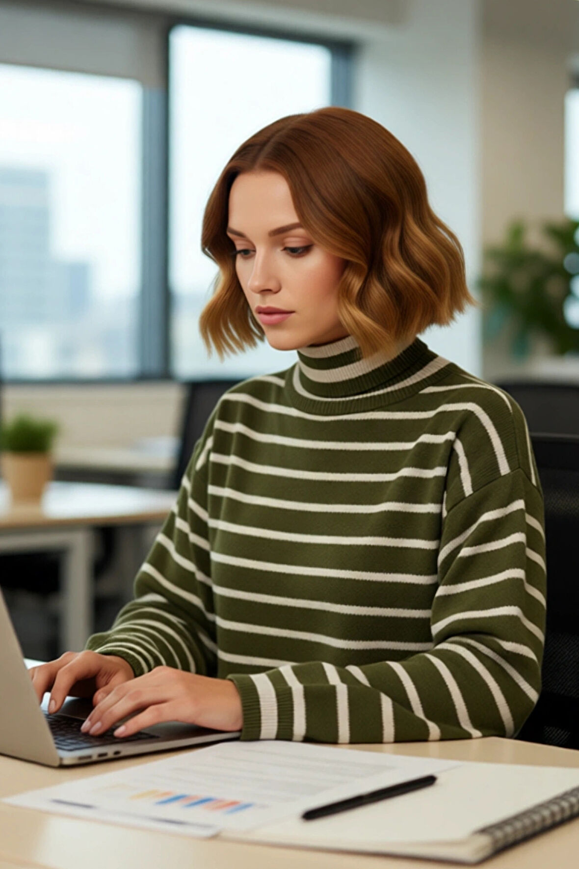 Kadın Balıkçı Yaka Haki Çizgili Crop Triko Kazak Orta Kalınlıkta Uzun Düşük Kol Basic Stil