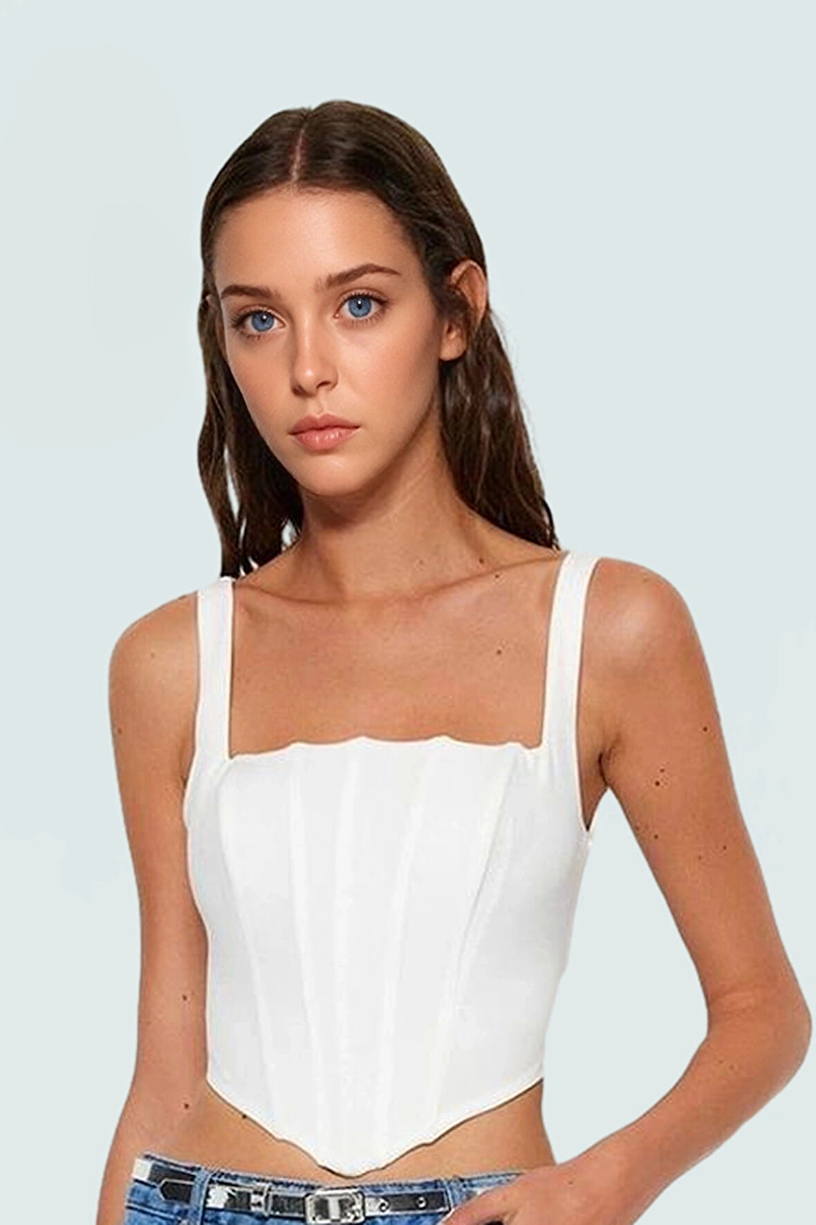 Kolsuz Crop Bluz Kare Yaka Polyester Dokuma Fitted Basic Rahat Kullanım Günlük İçin